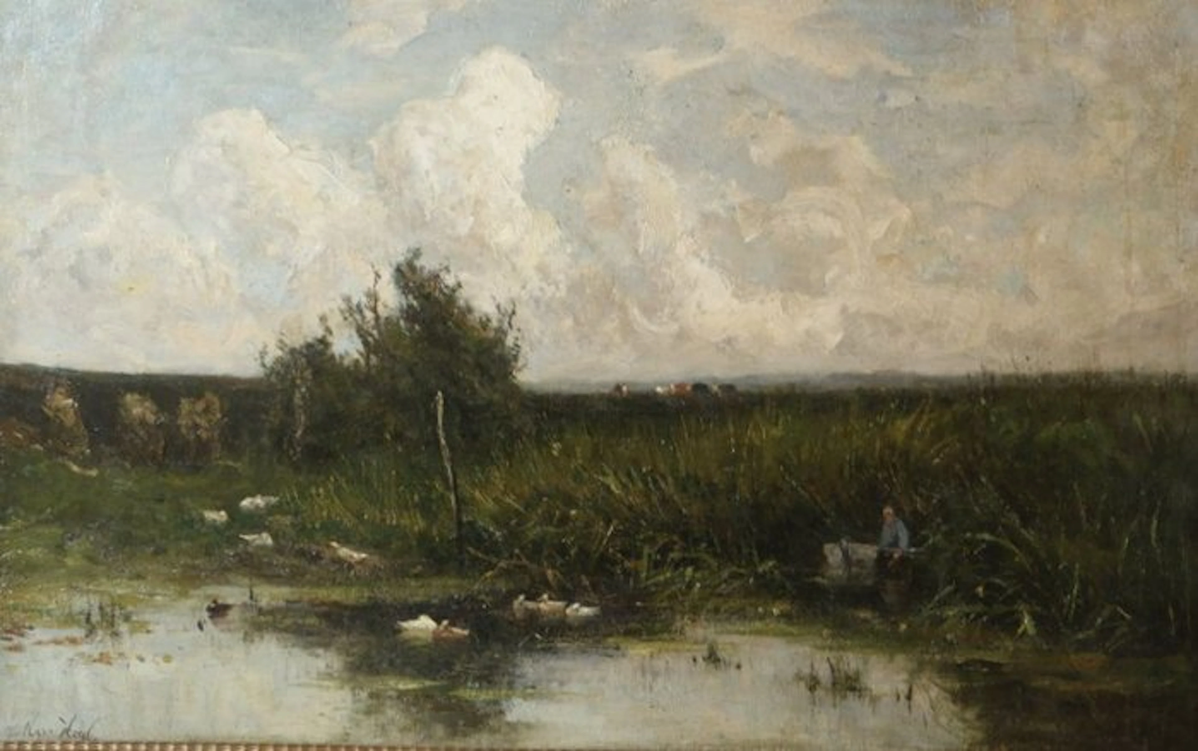 Marinus Heijl (1836-1931 ) - Visser inlandschap met koeien en eendjes.