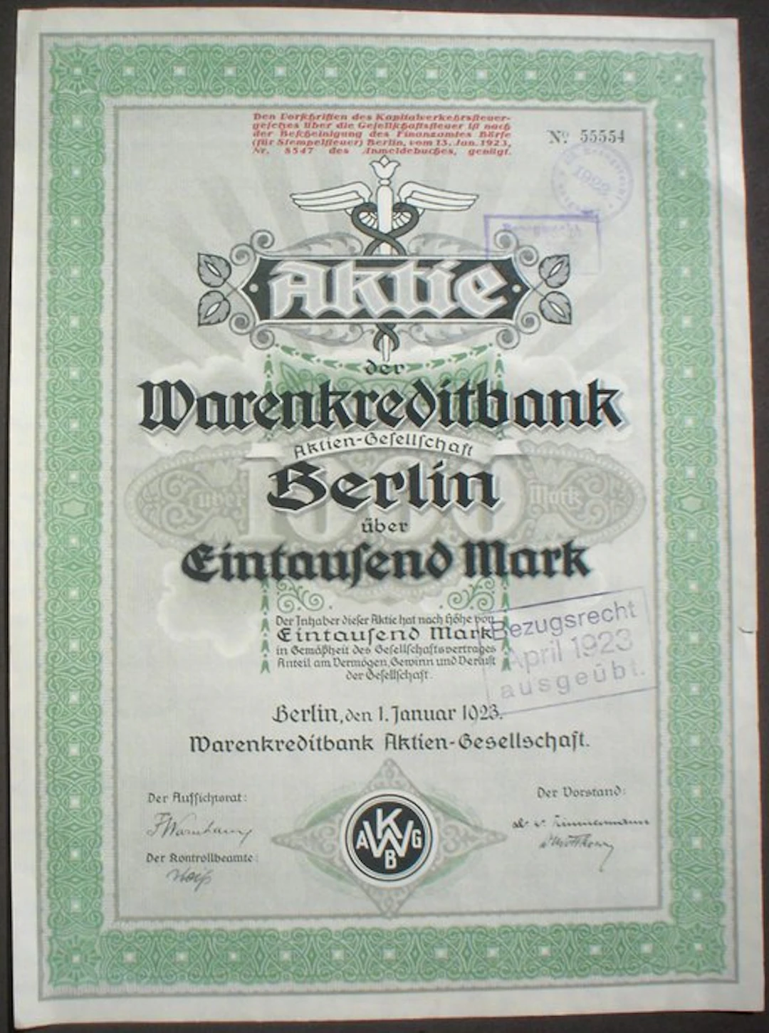 Tyskland. Warenkreditbank Berlin 1000 Mark, 1923 unentwertet (Utan reservationspris)