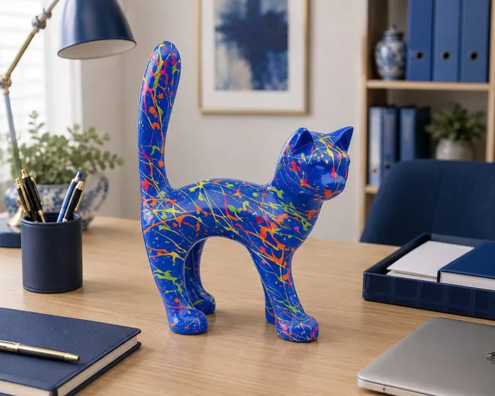 Statue, garden statue cat color blue with paint color - 31 cm - polyresin