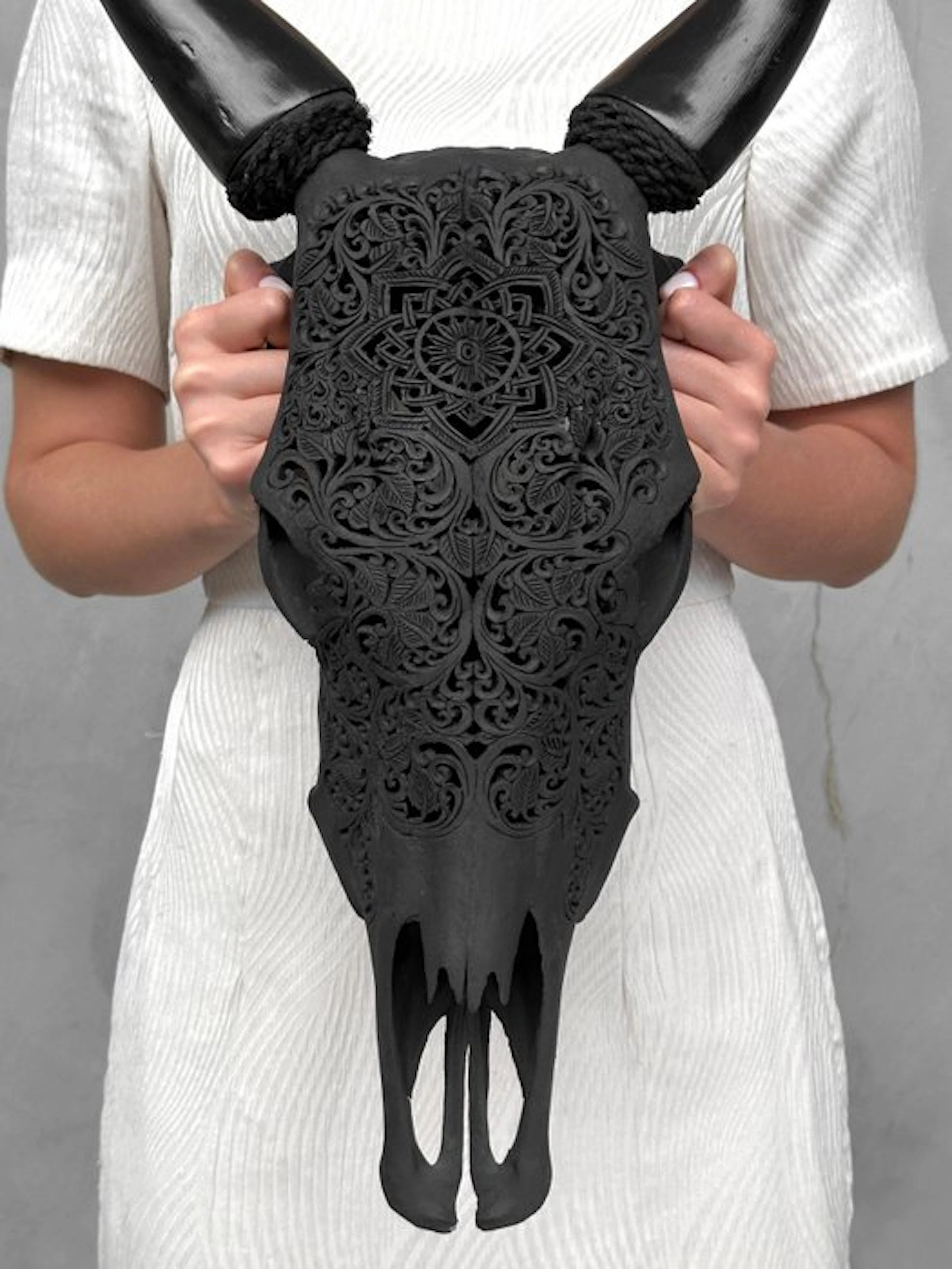 NO RESERVE PRICE - Stunning Black Hand-Carved Cow Skull...