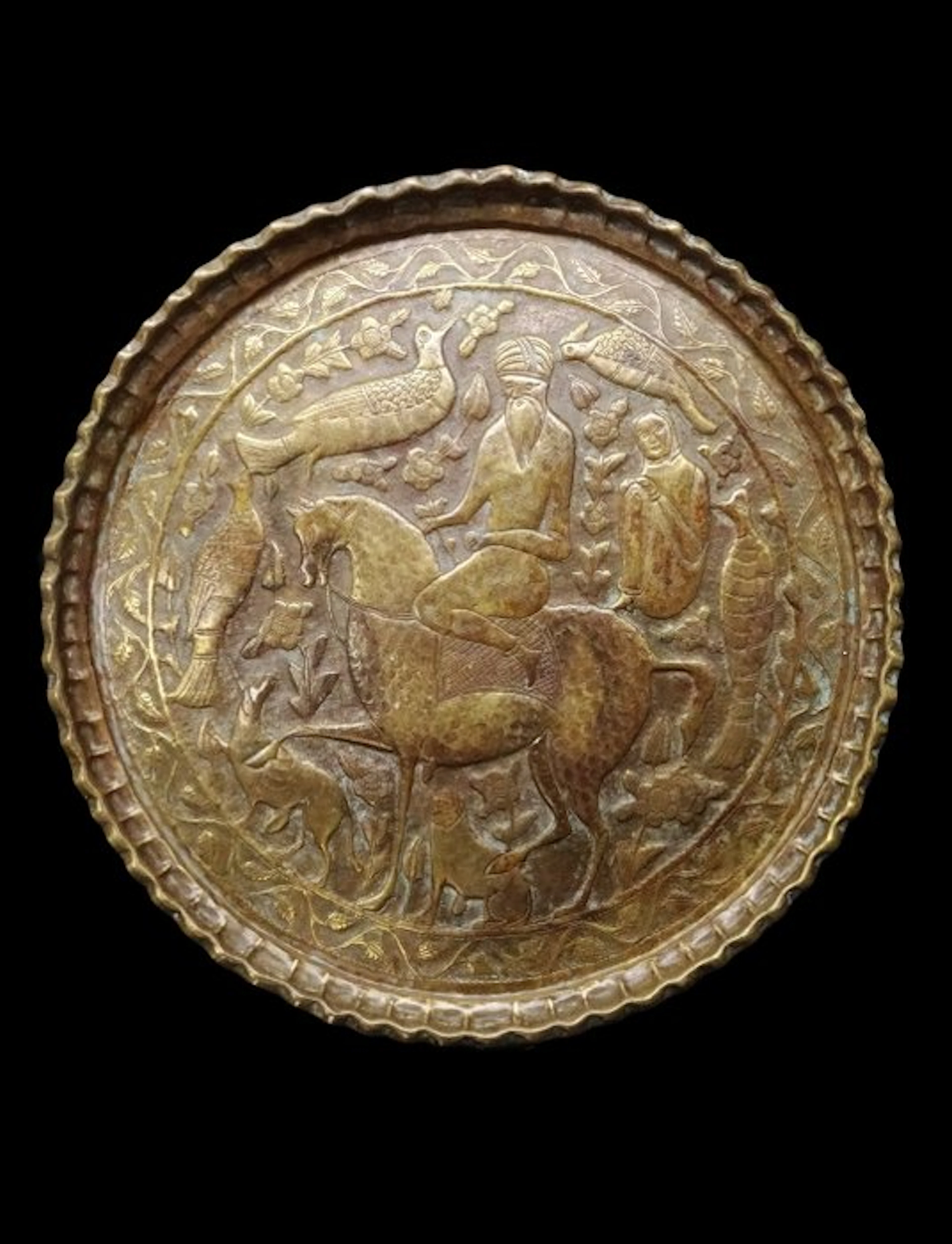 Ottoman art - Brass plaque chased in repoussé - King on horseback - 19th c