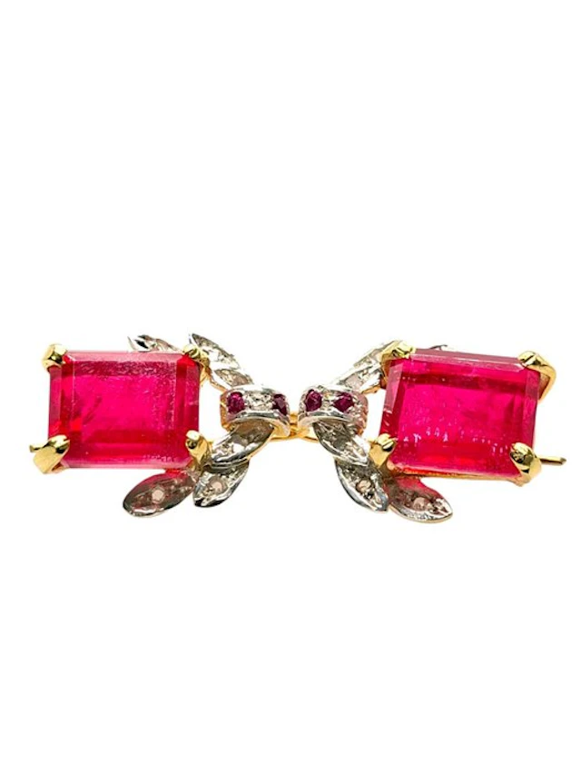 No reserve price - Earrings - 9 kt. Silver, Yellow gold Ruby - Mixed gemstones