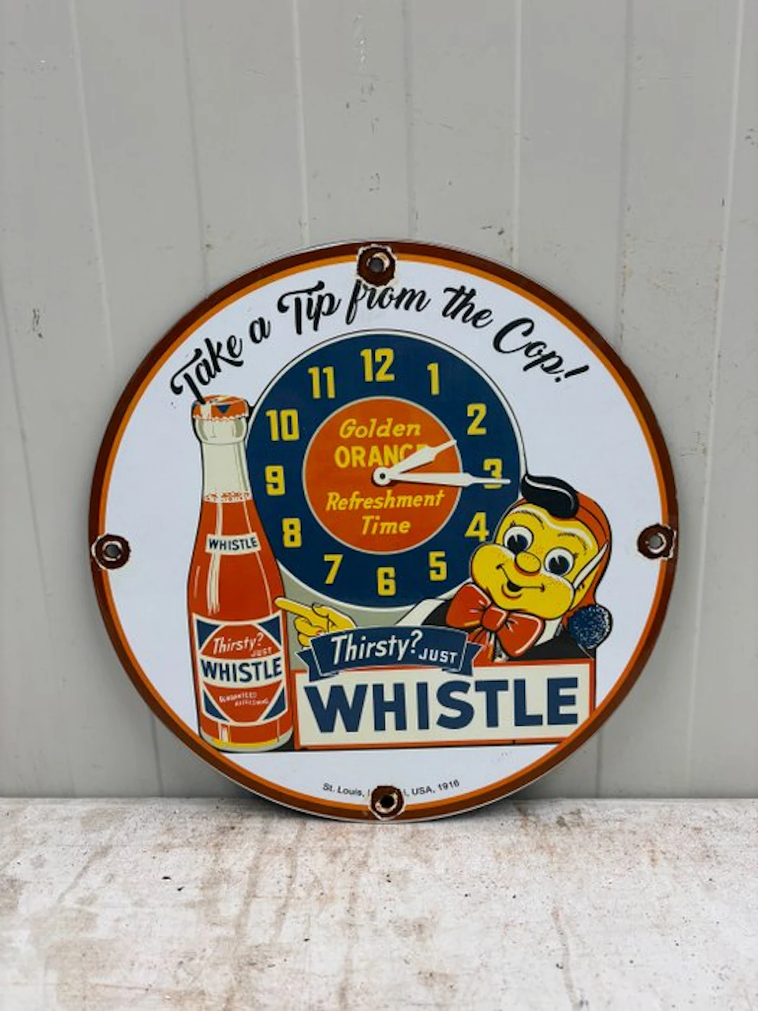 Whistle Orange Soda – Emaille Reclamebord met Klokdesign - Enamel sign - Enamel