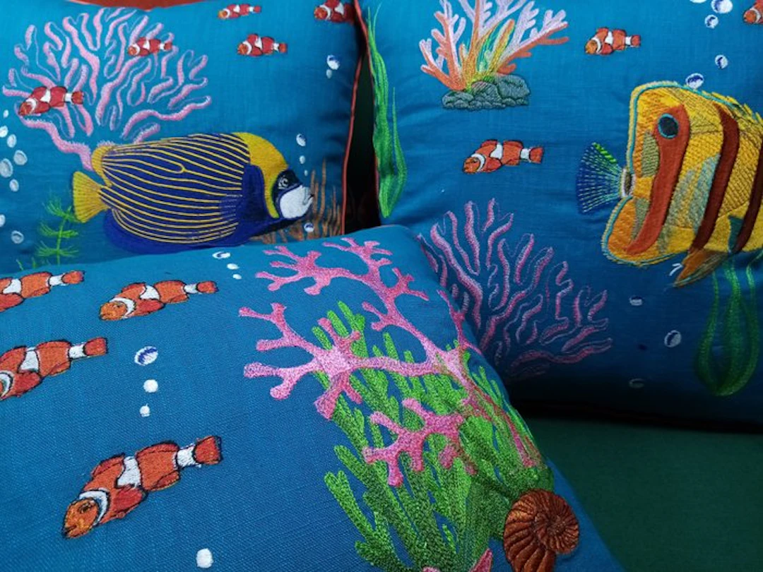 Six pillows: four with 'Tropical Summer' fabric by Manufatti Toscani