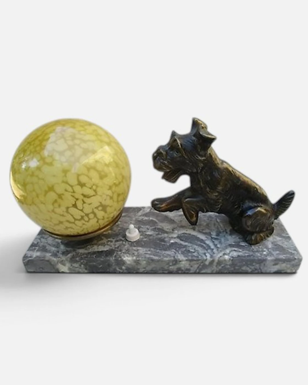 Lamp - Art Deco. Metal statuette. Terrier dog. Glass globe 1935
