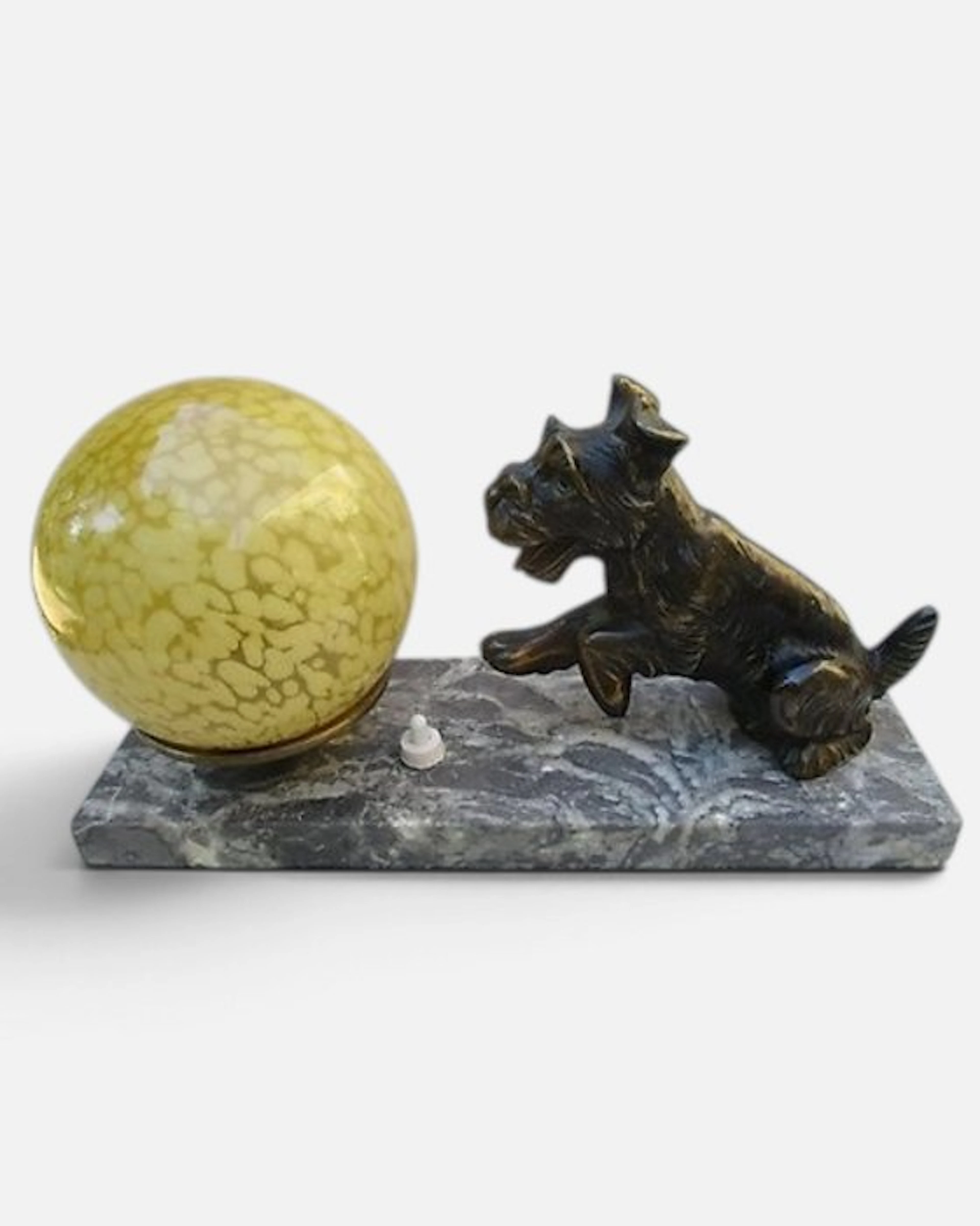 Lamp - Art Deco. Metal statuette. Terrier dog. Glass globe 1935