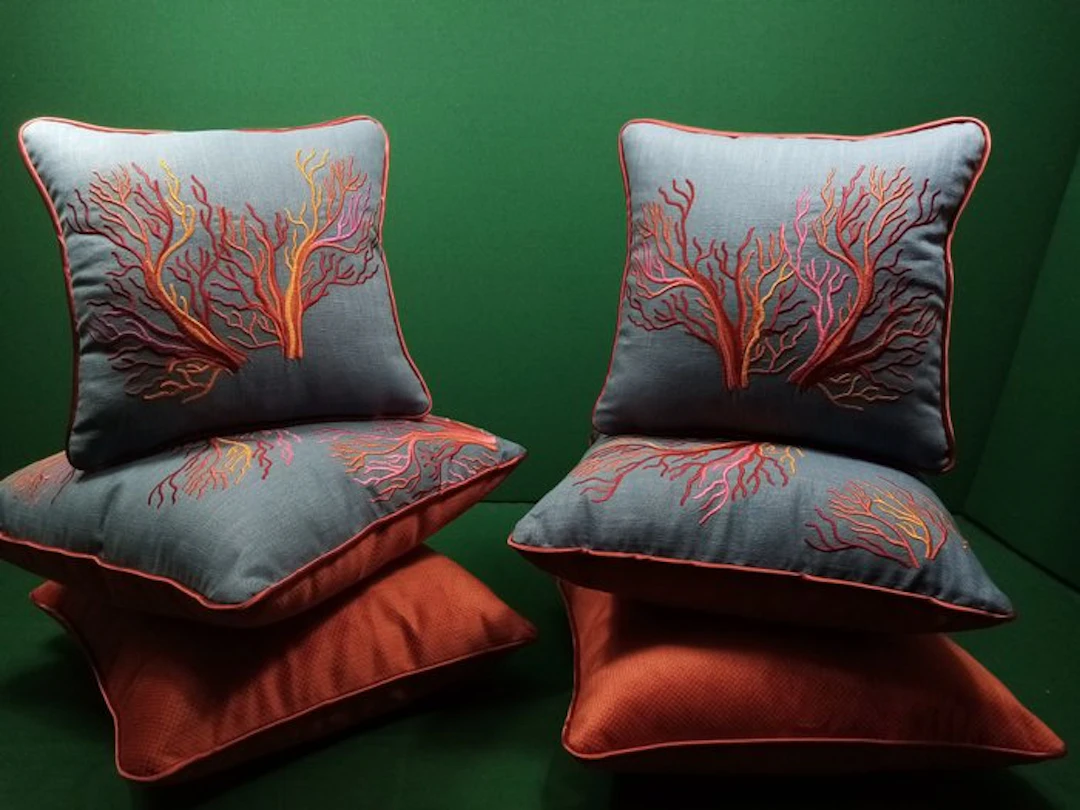 Six Pillows - four with "Corals" fabric by Manufatti...