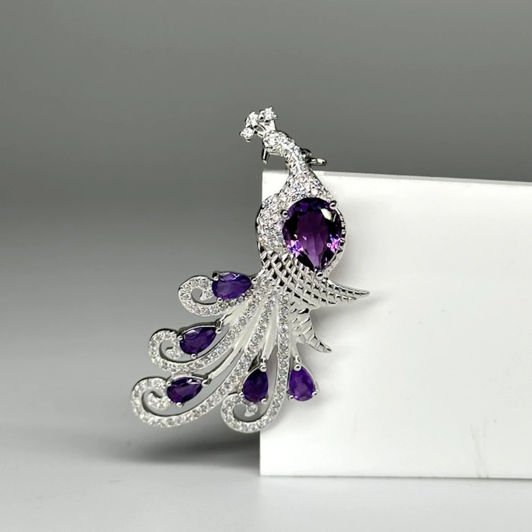 No reserve price - Brooch 925 Silver with Genuine Amethyst