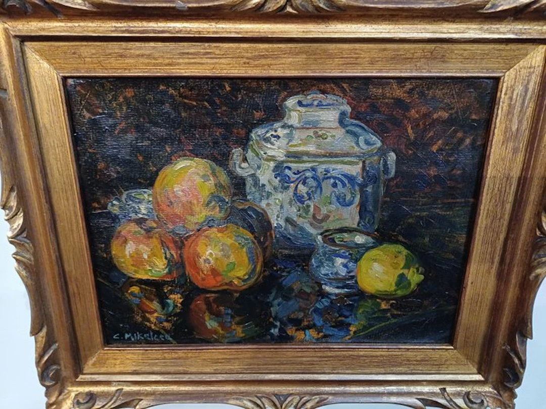 Constantin Mihalcea Braga (1903-1978) - Natura morta con ceramiche frutta