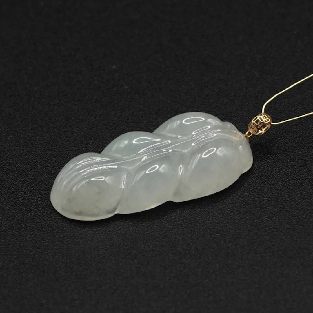 Natural Jadeite Bodhi Leaf Carving Pendant with 18K Gold...