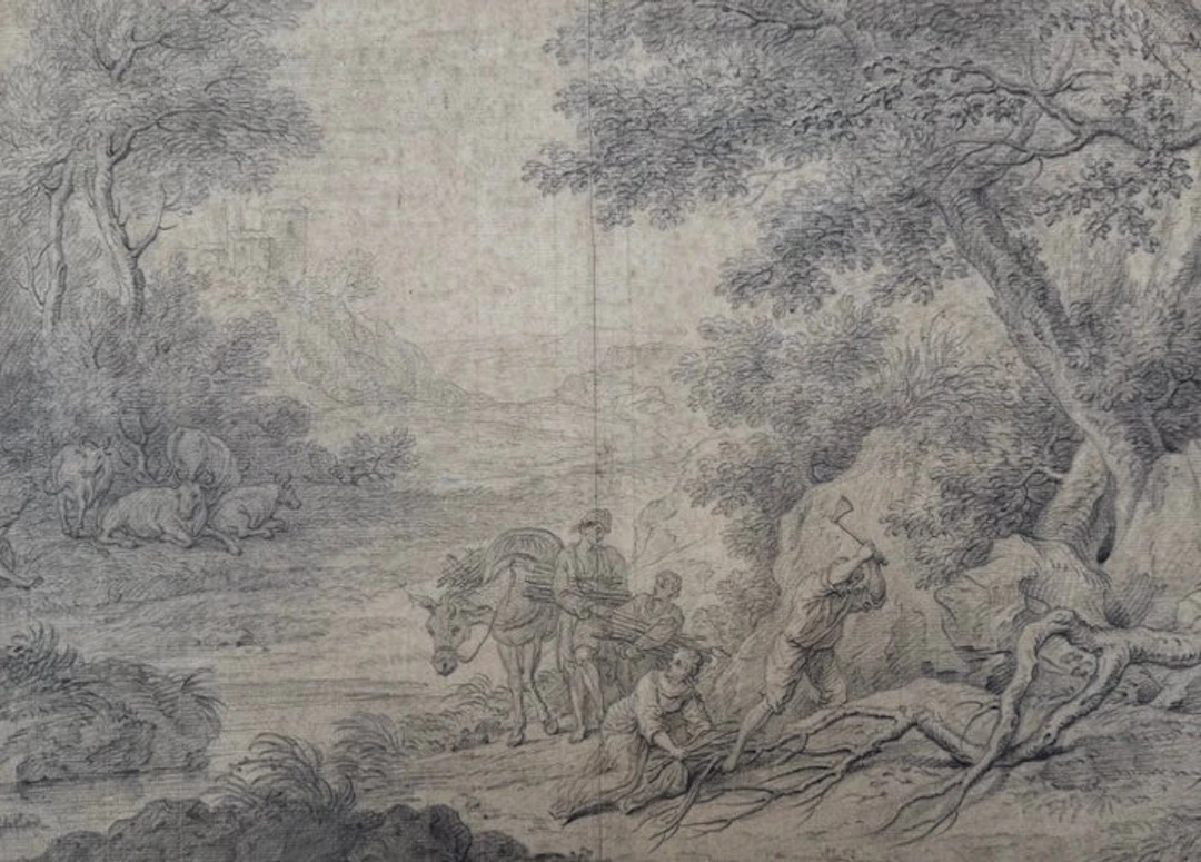 School of Nicolaes Berchem (1620-1683) - Paysage boisé avec bûcheron