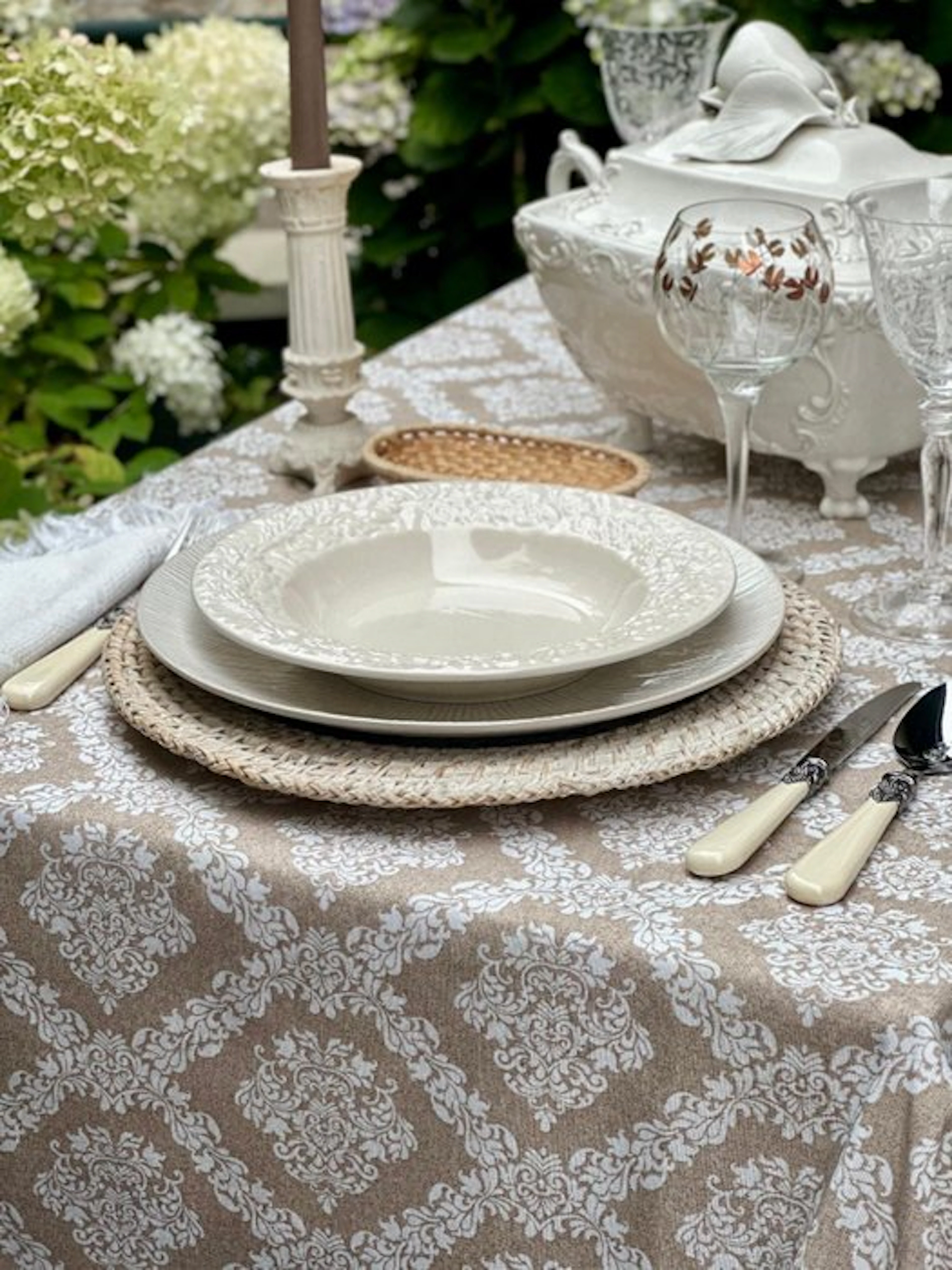 Beige and white printed tablecloth for large tables