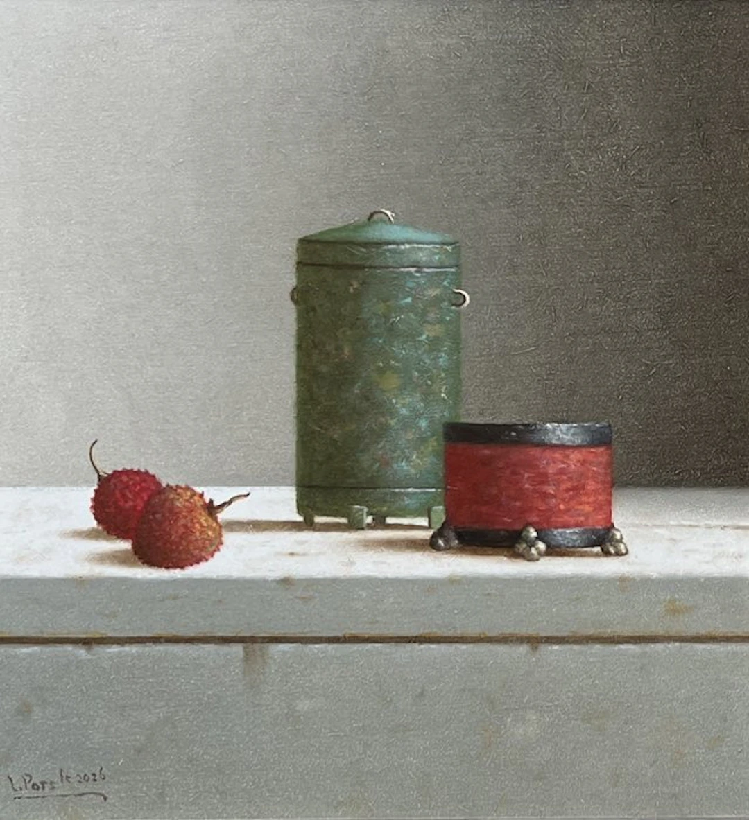 Leo Pors (1952) - Chinees votief bronzen silo, wierookvat, en lychees