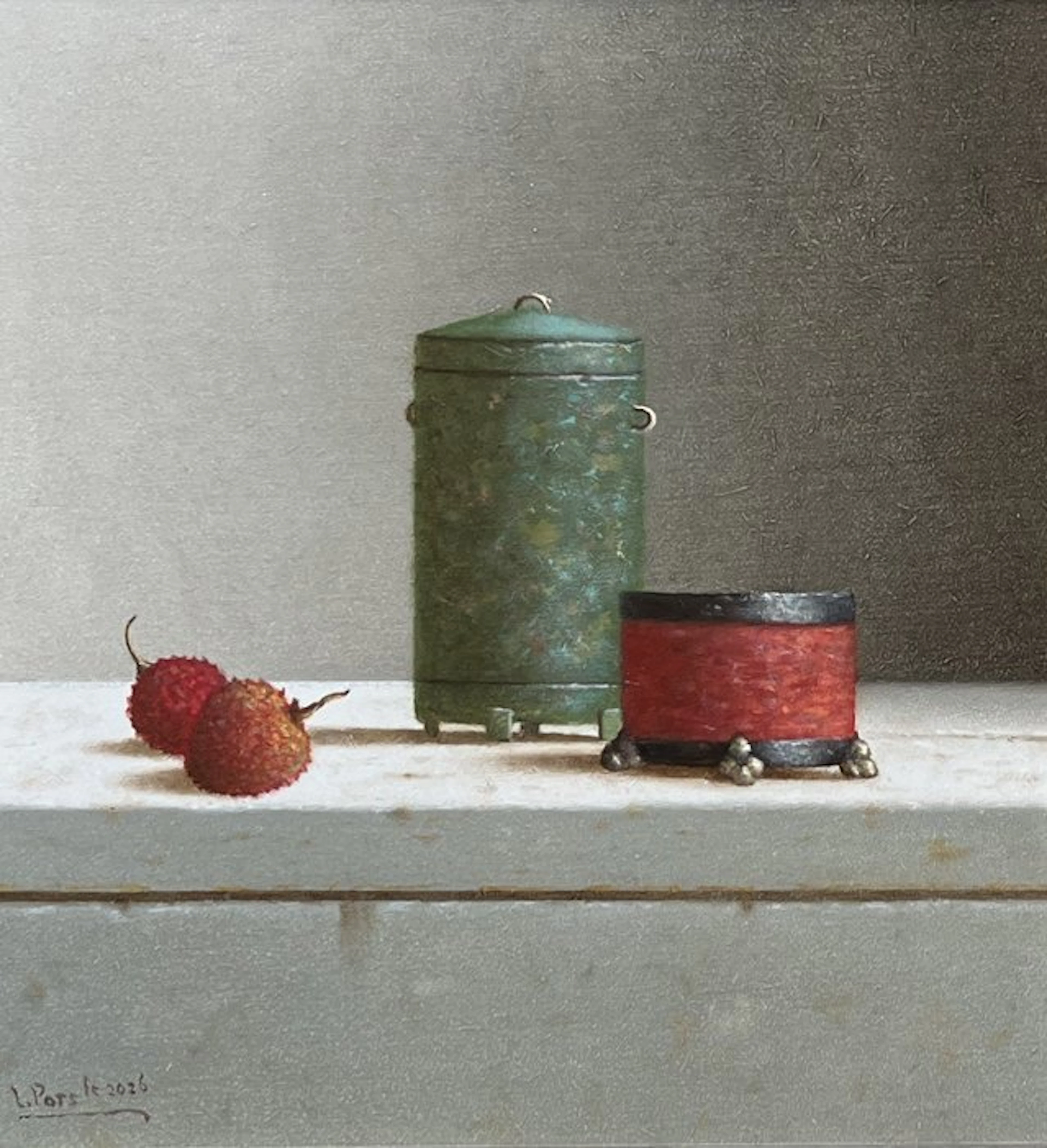 Leo Pors (1952) - Chinees votief bronzen silo, wierookvat, en lychees