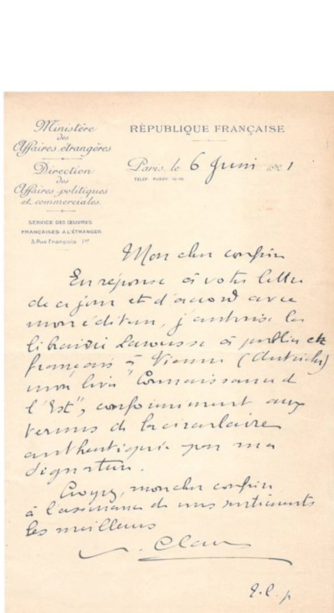Paul Claudel (1868-1955) - L.A.S à l'éditeur Larousse au...
