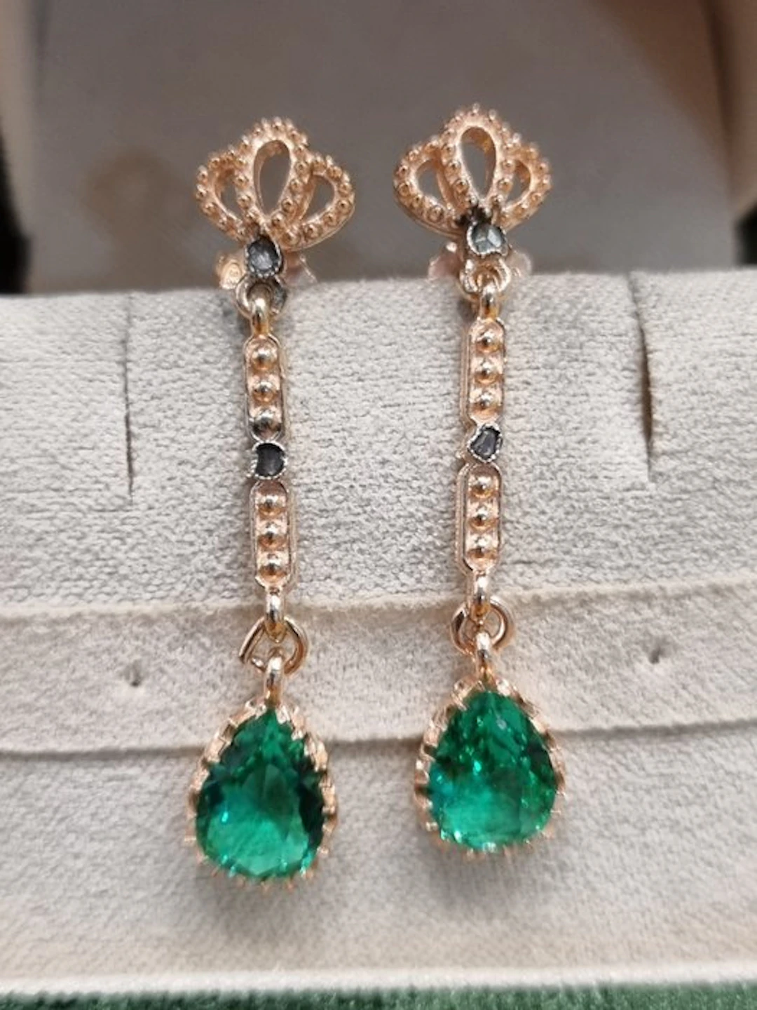 No reserve price - Earrings - 9 kt. Silver, Rose gold Emerald - Diamond