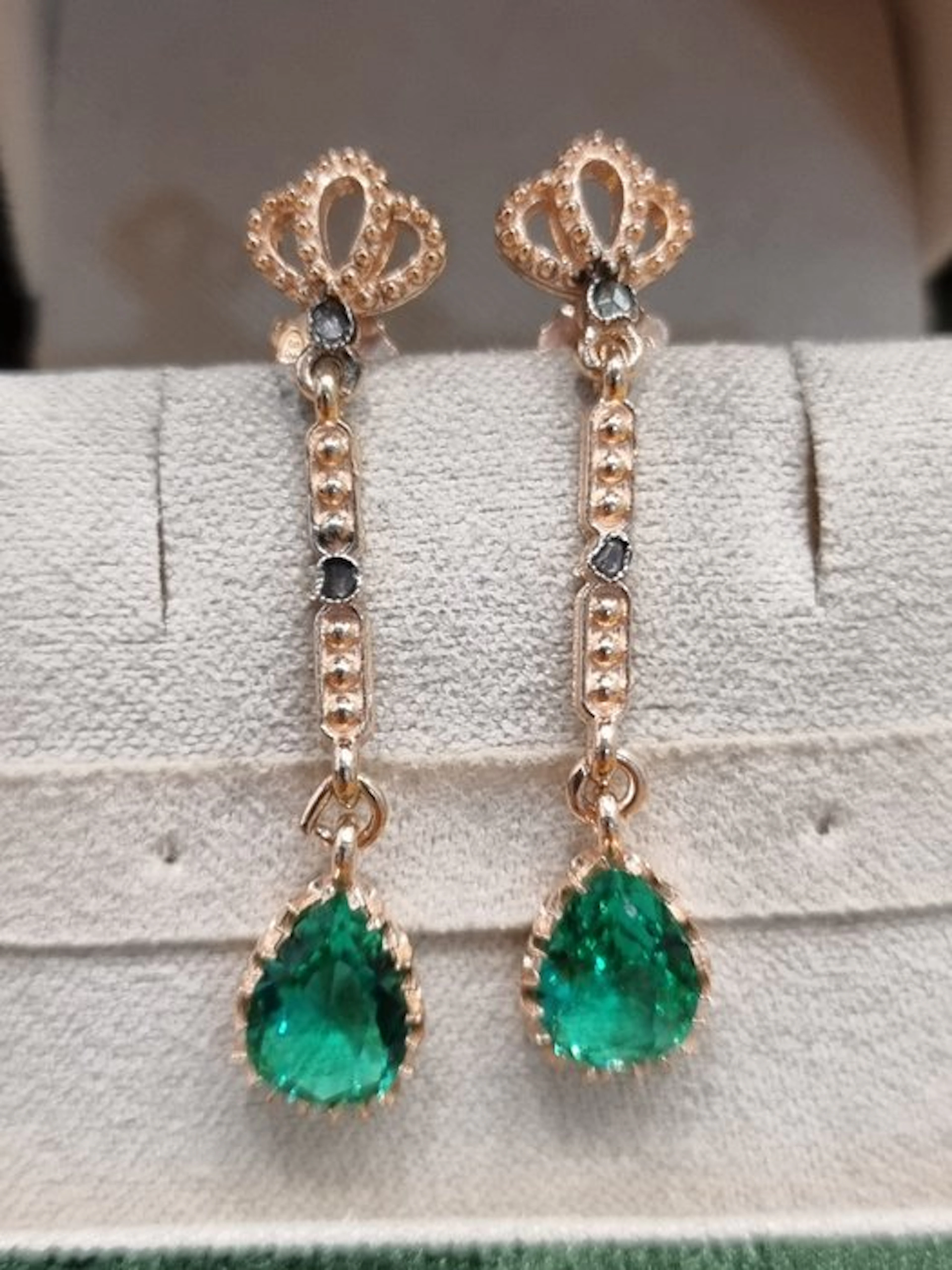 No reserve price - Earrings - 9 kt. Silver, Rose gold Emerald - Diamond