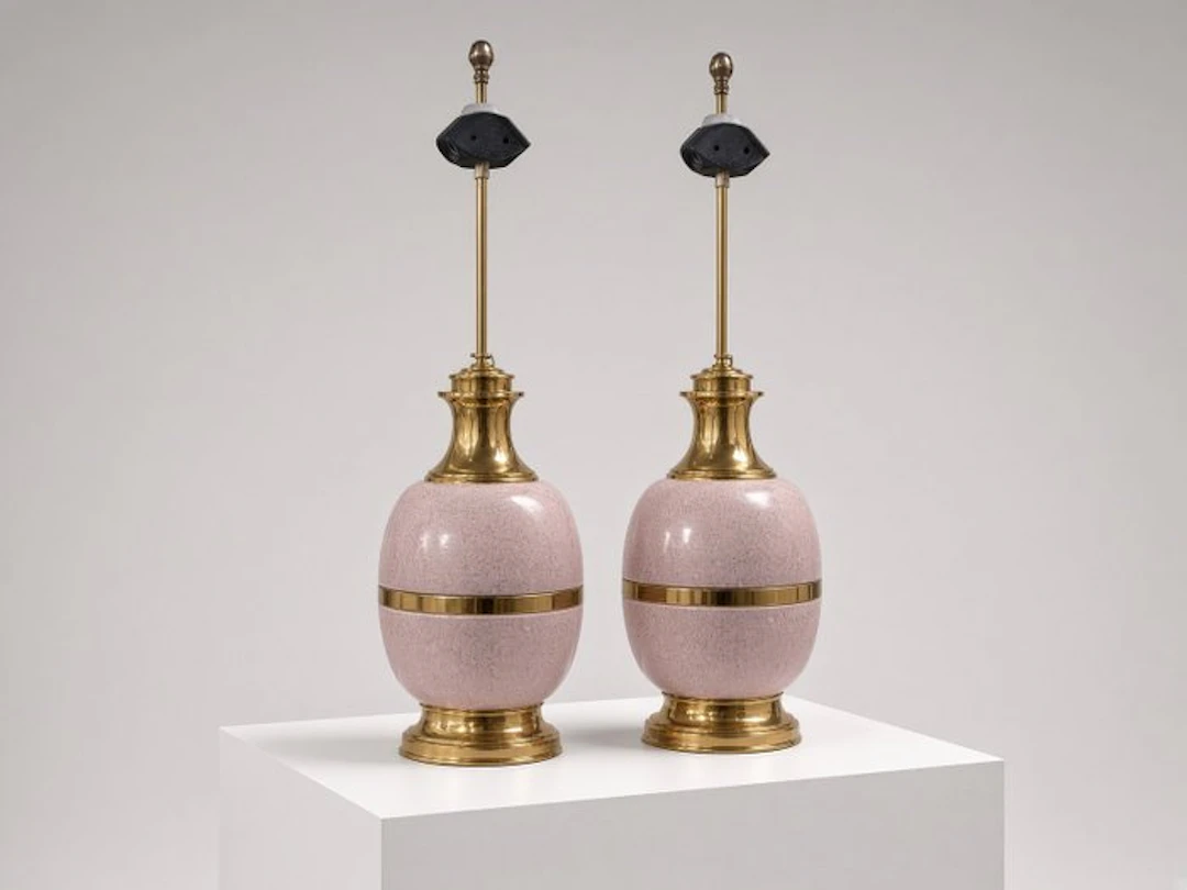 Table lamp (2) - French Pink Glazed Terracotta & Brass...