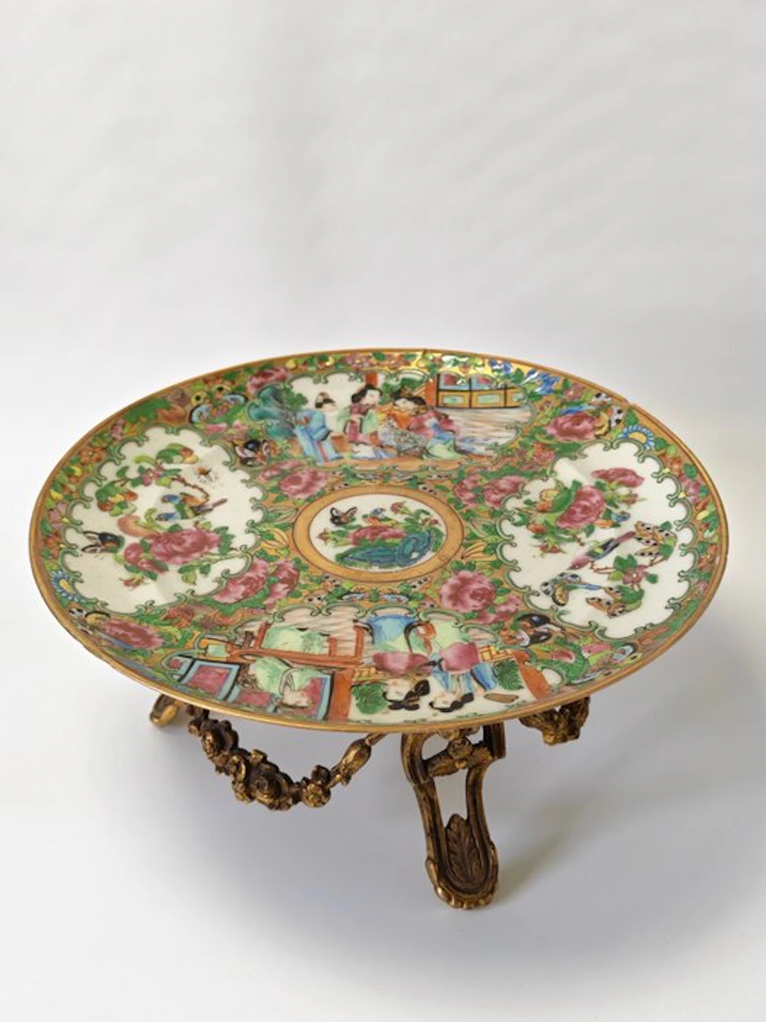 Chinese Canton porcelain plate with gilded bronze stand...