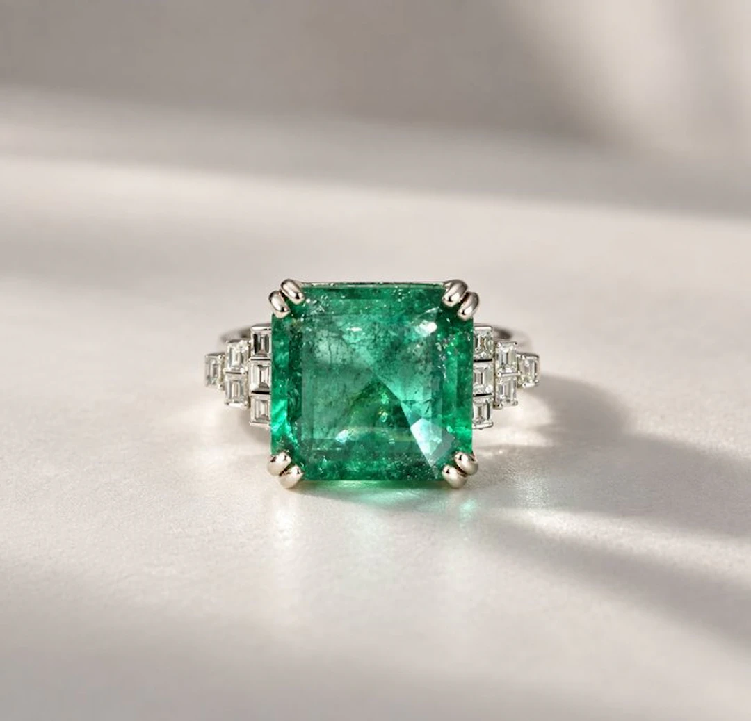 Ring - 18 kt. White gold - 5.59ct. tw. Emerald - Diamond - Bluish Green