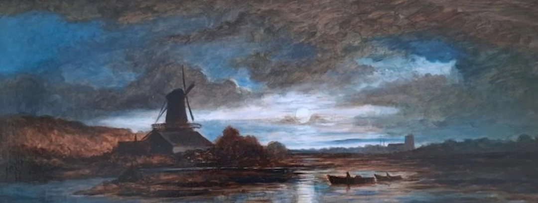 R. de Beeld (XX) - Beautiful landscape picture of a windmill in the moonlight