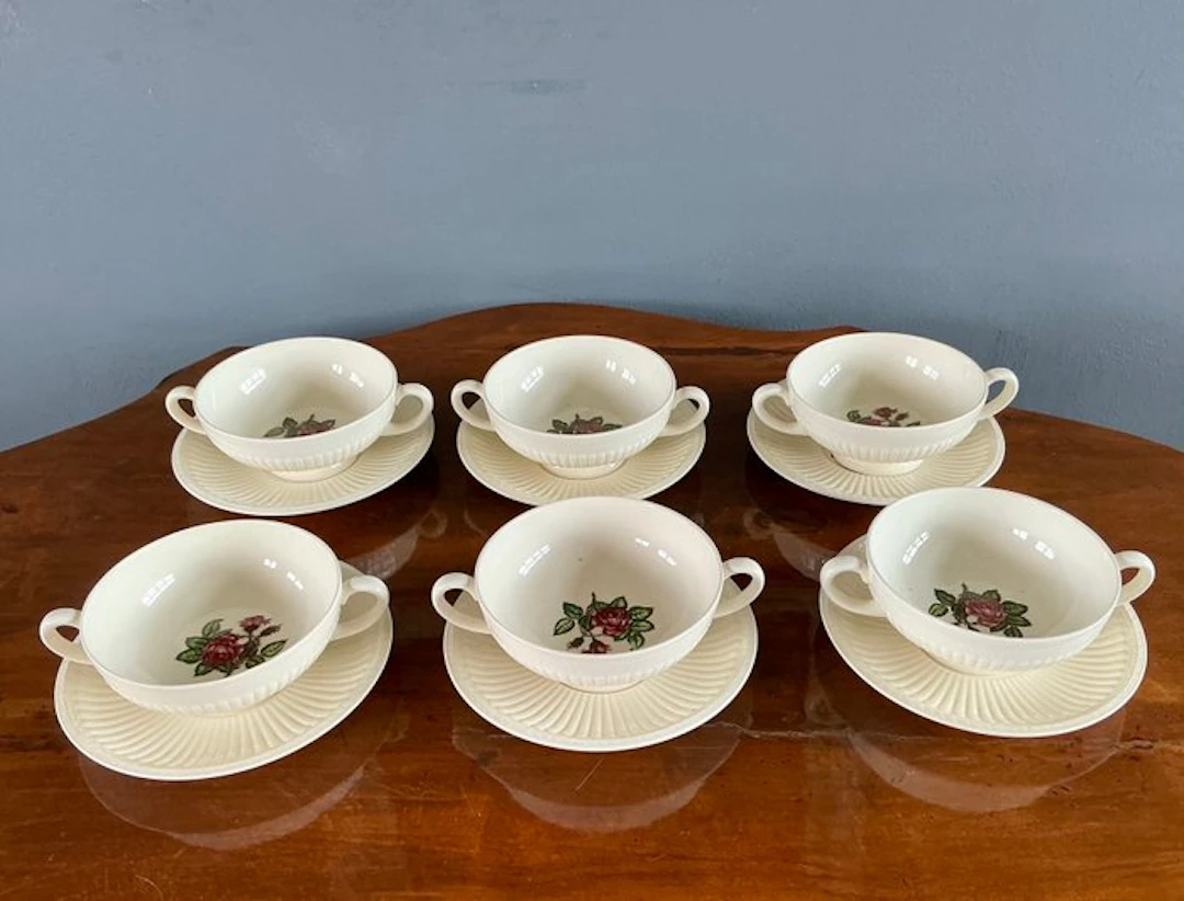 Wedgwood - Dinner set (6) - Moss Rose - Porcelain - Soup bowls with saucers