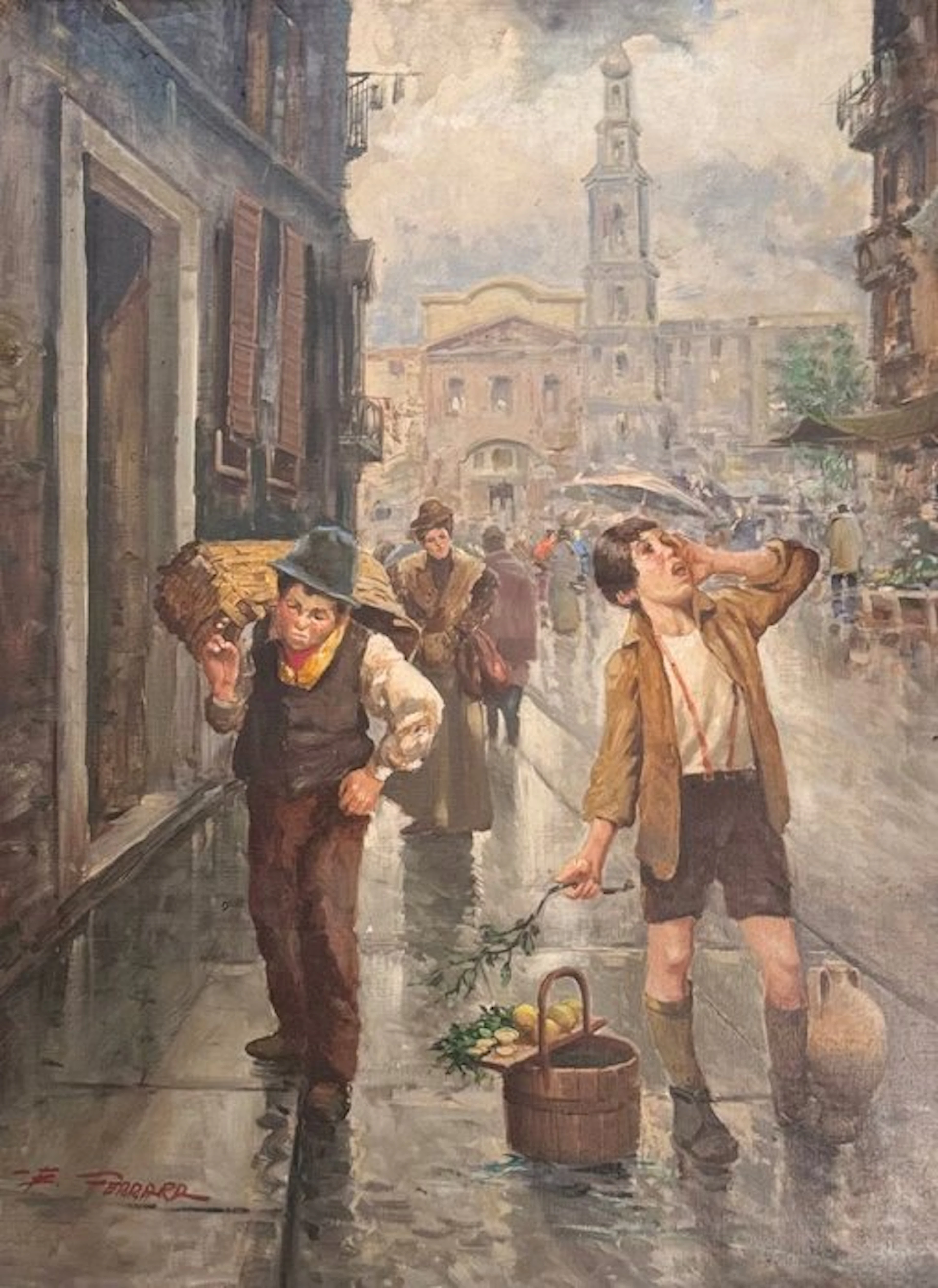 Elio Ferrara (1945) - Scena di genere napoletana con scugnizzi