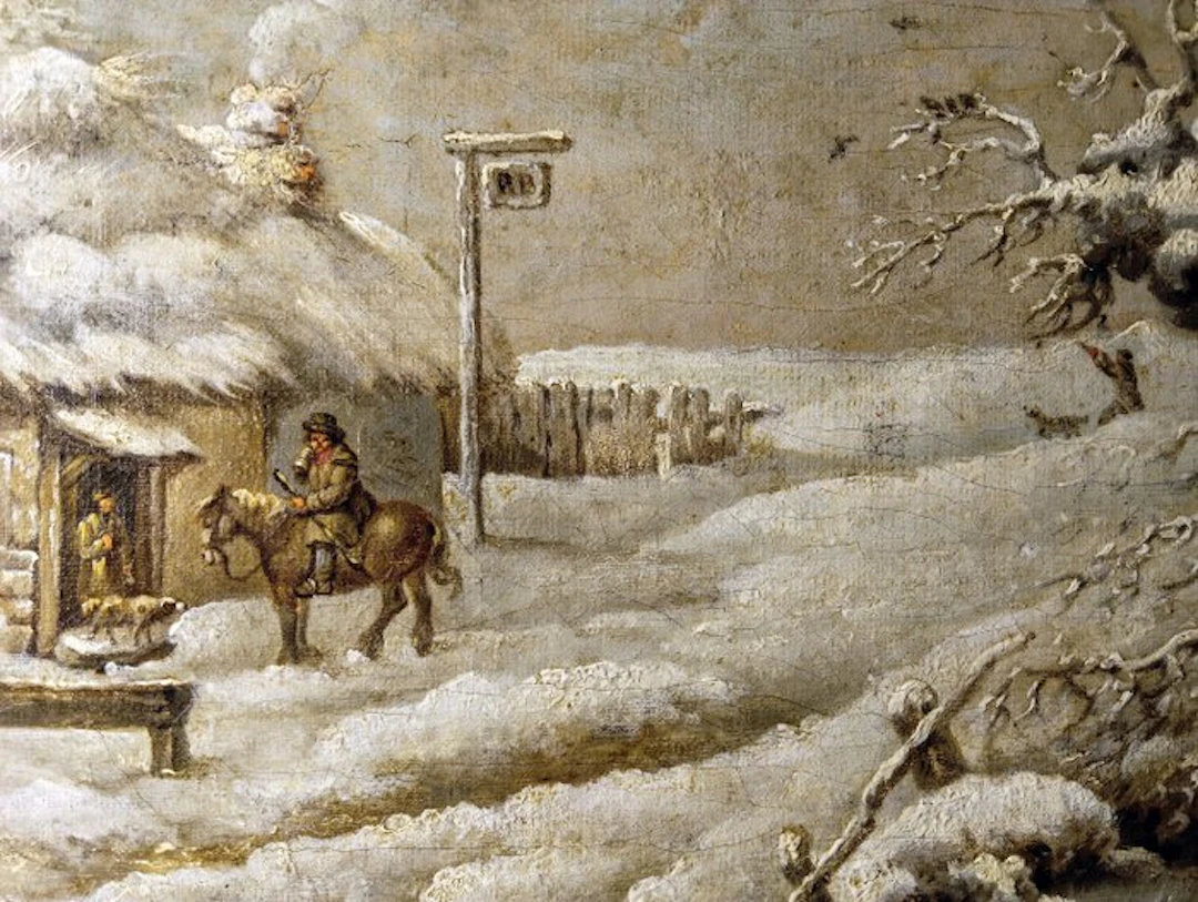 George Morland (1763-1804) - Scena invernale con capanno e cacciatori