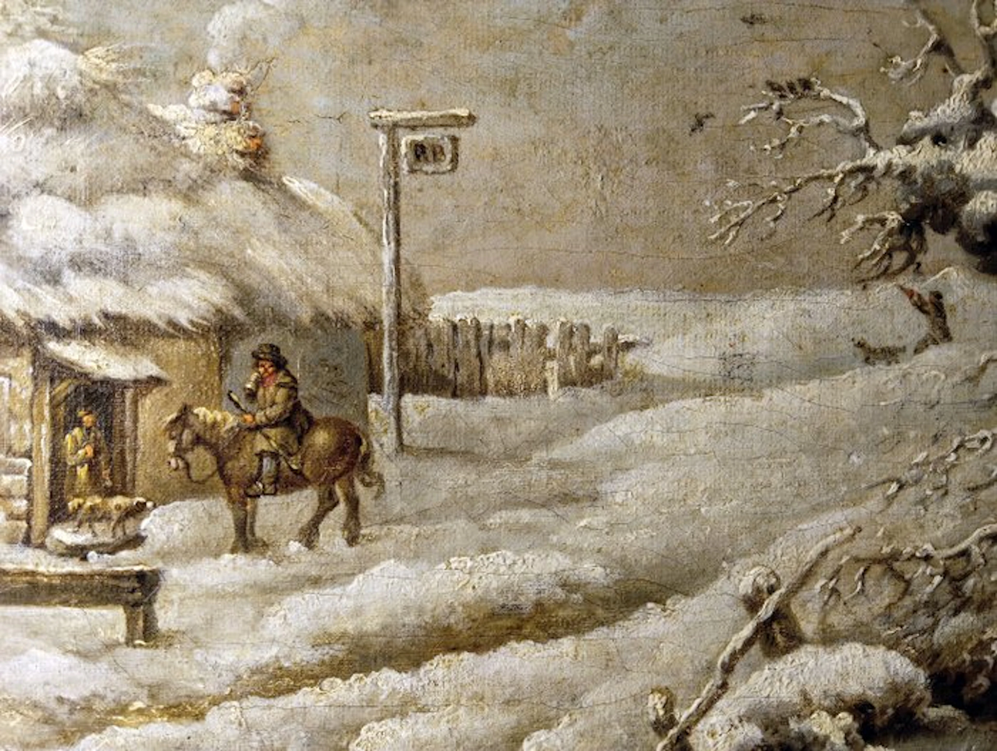 George Morland (1763-1804) - Scena invernale con capanno e cacciatori