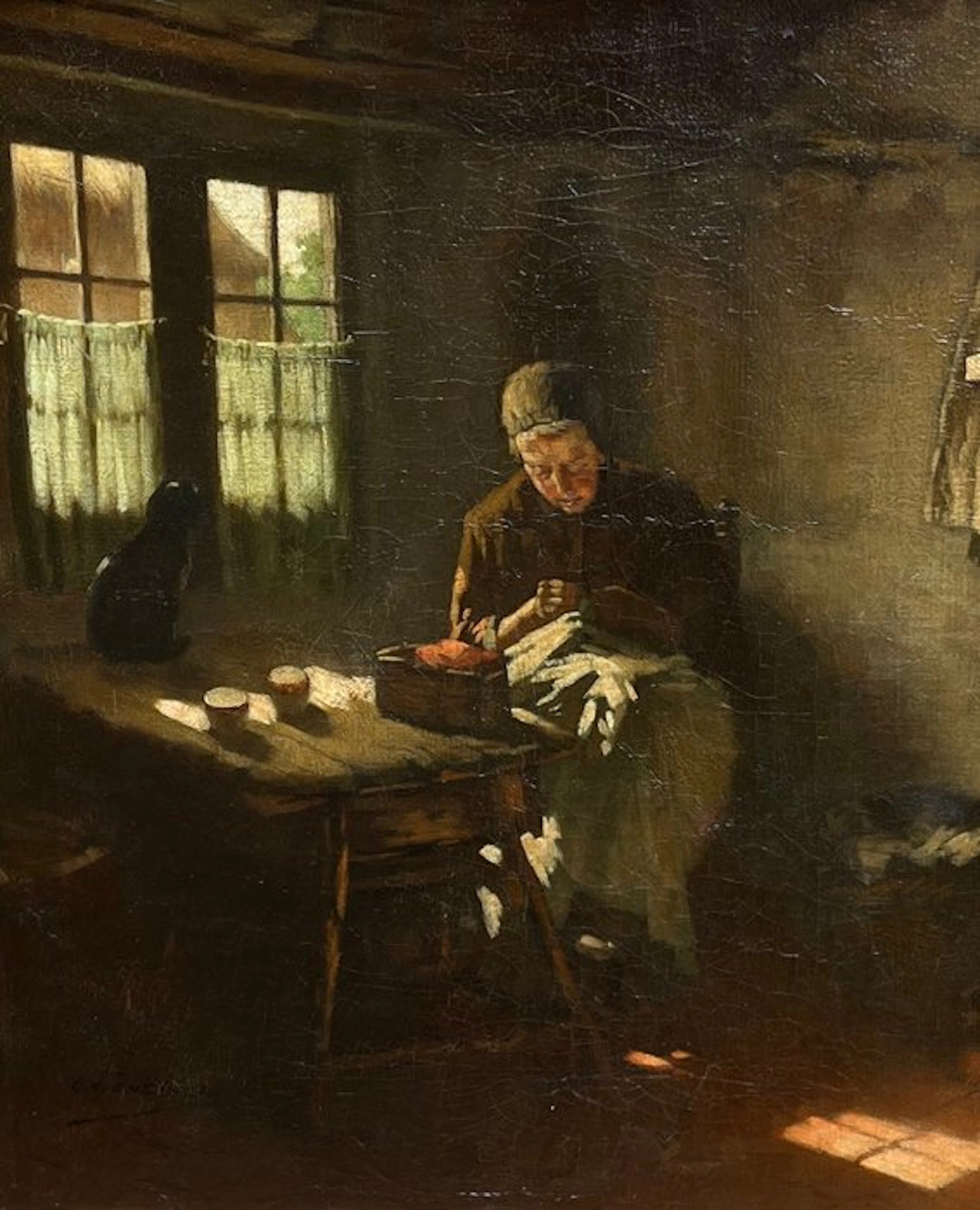 Charles Victor Ensinck (1846-1914) - Herstelwerk met de kat op tafel