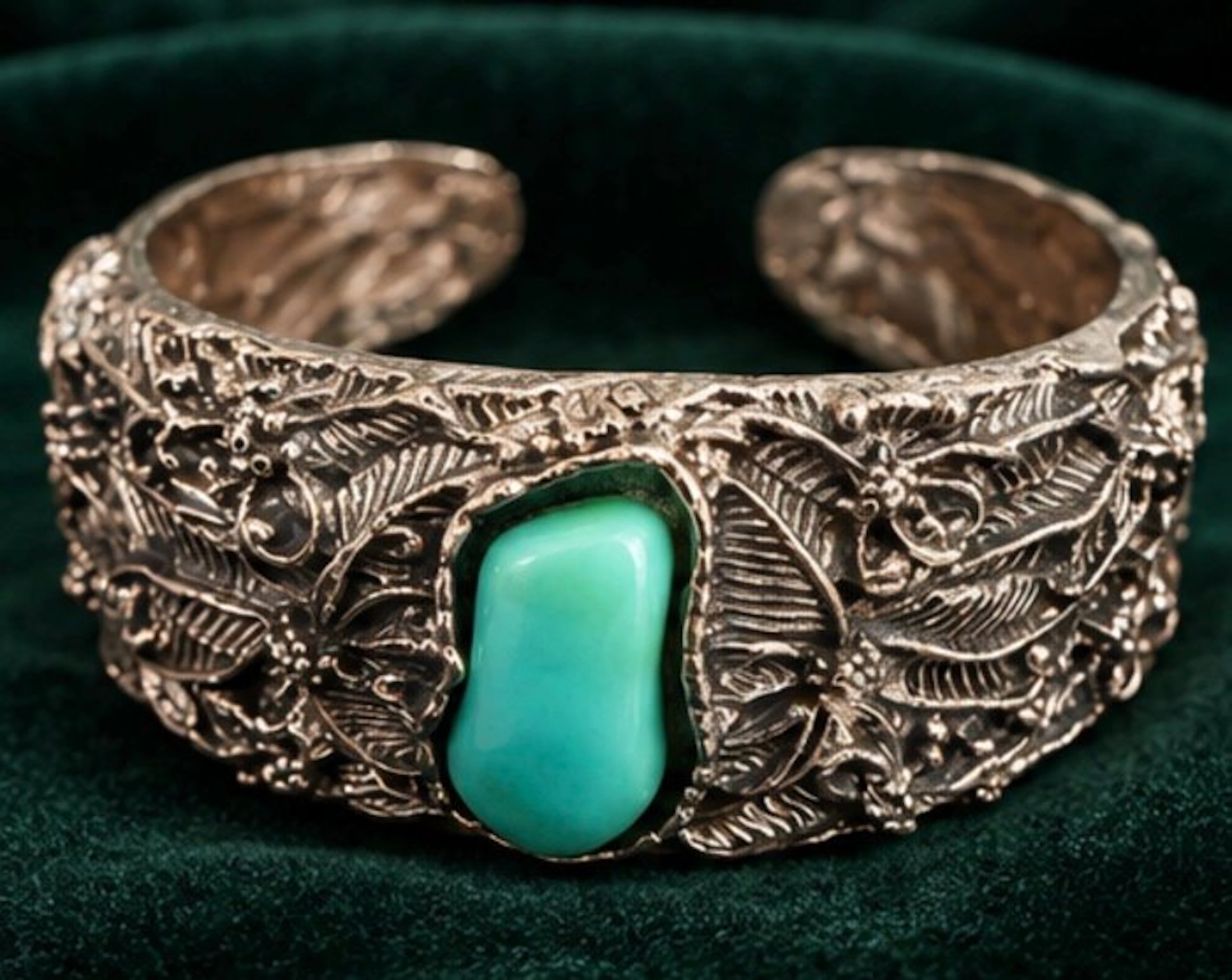 Ornate Silverplated Cuff Bracelet with Turquoise Stone - Bracelet