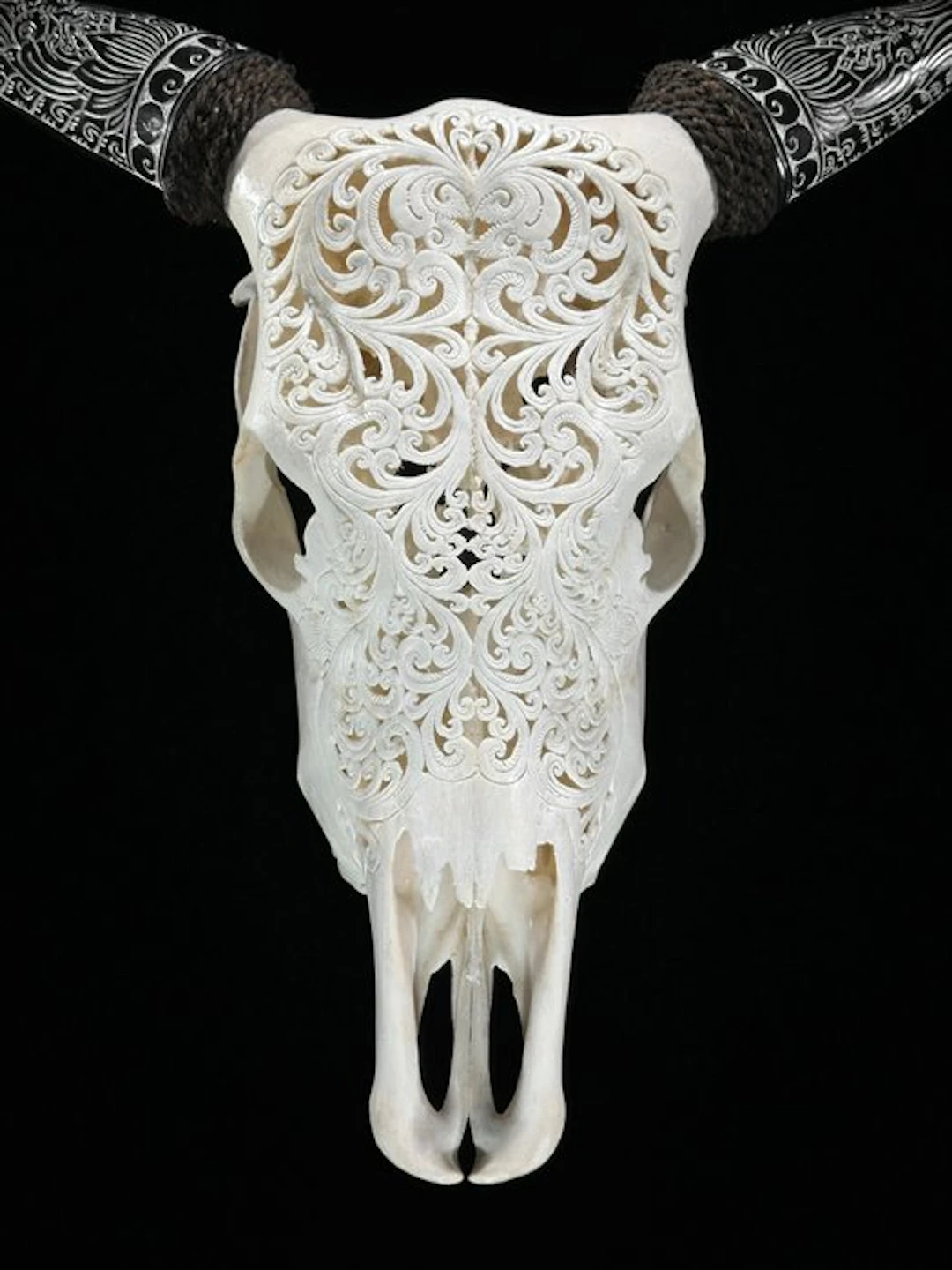 NO RESERVE PRICE - White Carved Cow Skull with Bohemian...