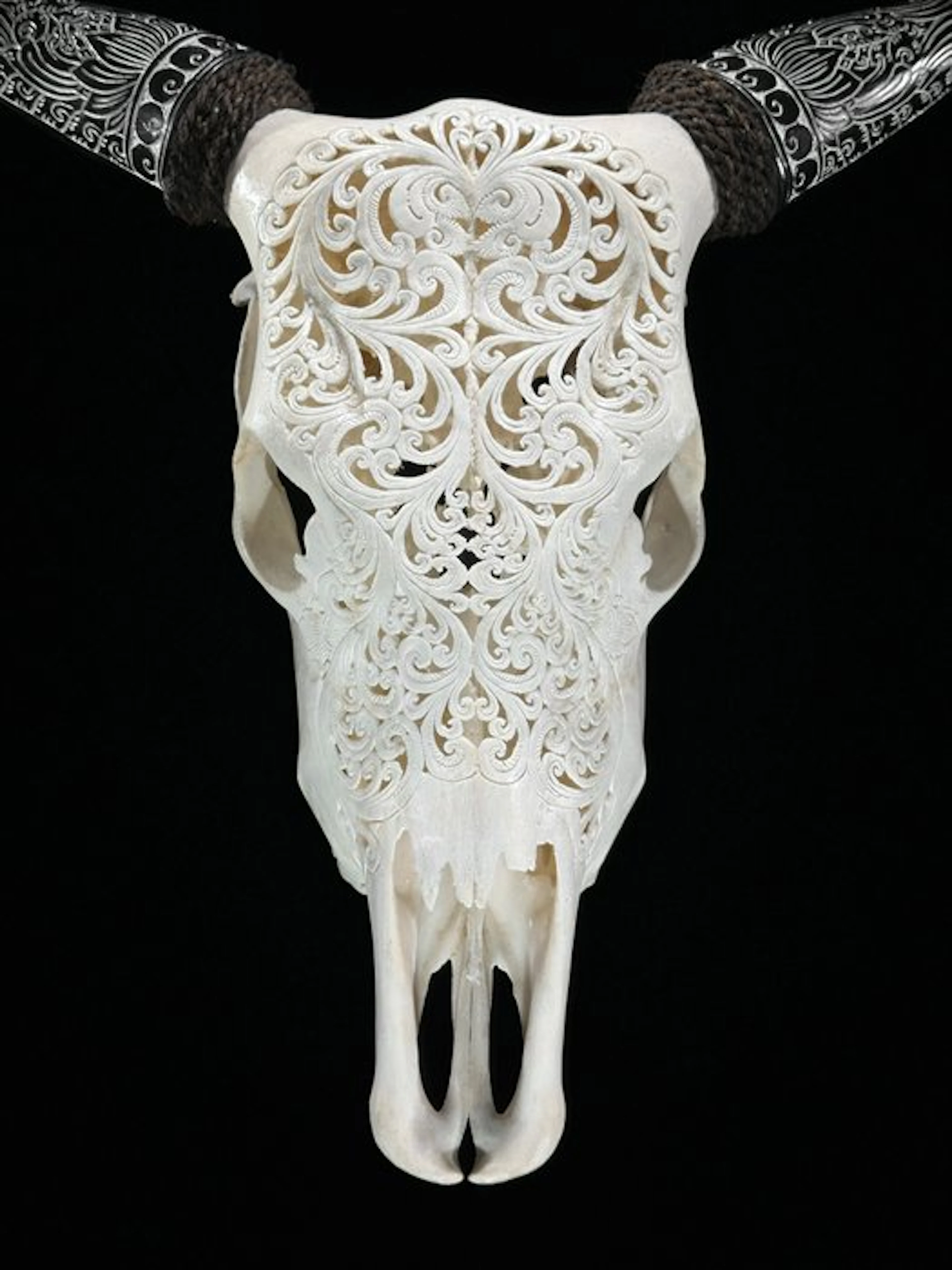 NO RESERVE PRICE - White Carved Cow Skull with Bohemian...