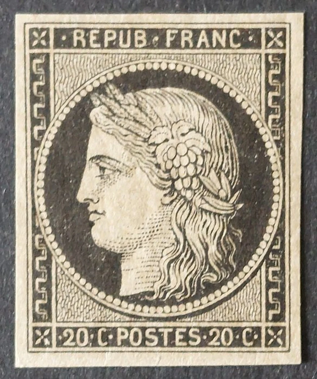 France 1849 - Ceres imperforate, 20c, black on yellow, reprint, mint - Yvert 3f