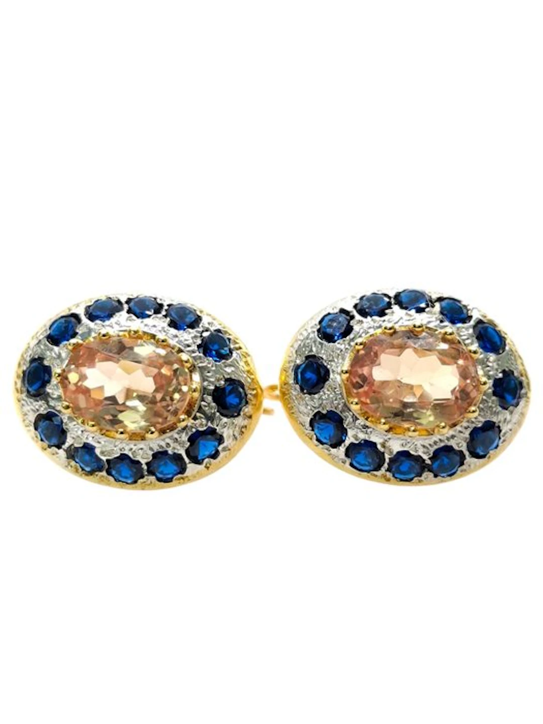 No reserve price - Earrings - 9 kt. Silver, Yellow gold Morganite - Sapphire