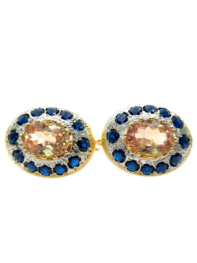 No reserve price - Earrings - 9 kt. Silver, Yellow gold Morganite - Sapphire