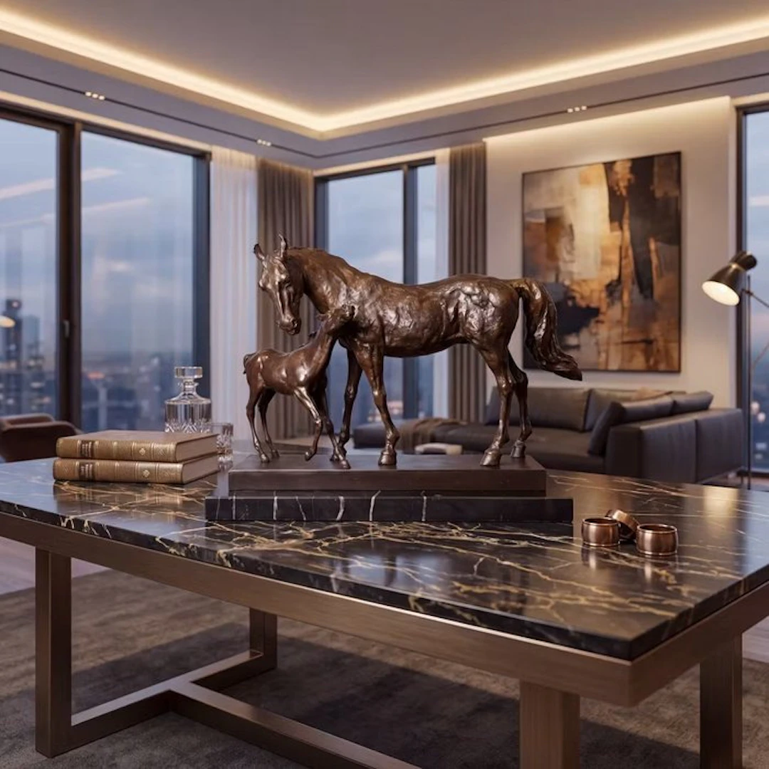 Statue, Paard met veulen 44 cm / 11.4 kg - 33 cm - Bronze, Marble