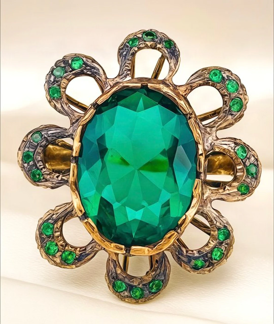 No reserve price - Ring - 9 kt. Rose gold, Silver Emerald - Emerald