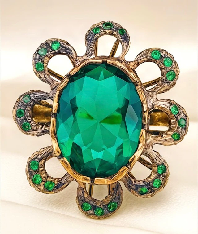 No reserve price - Ring - 9 kt. Rose gold, Silver Emerald - Emerald