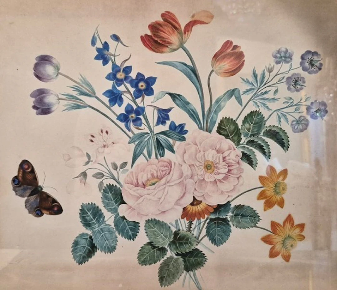 French school (XIX) - Mazzo di fiori con farfalla