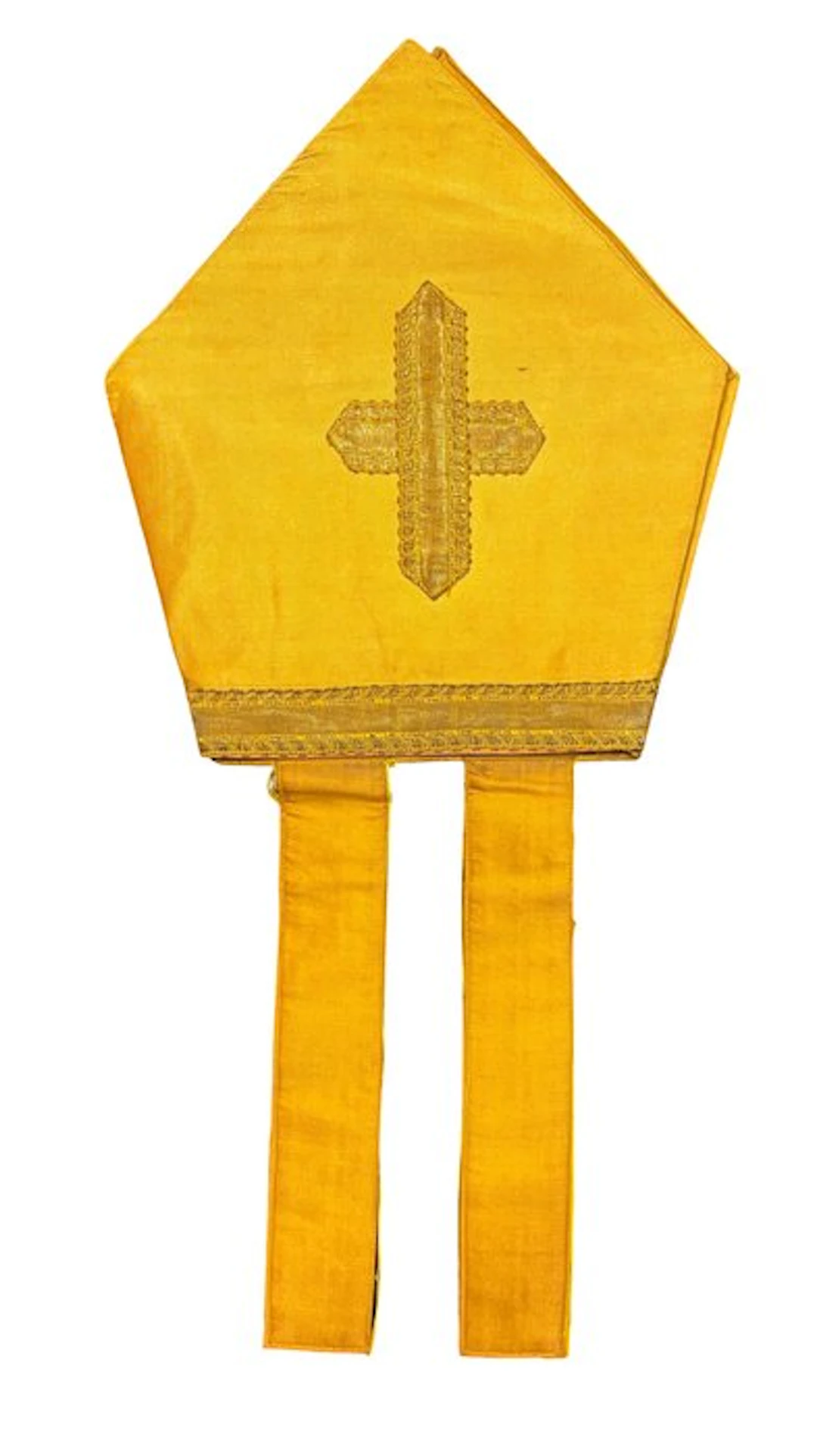 Episcopal mitre with a gold cross and gold braid