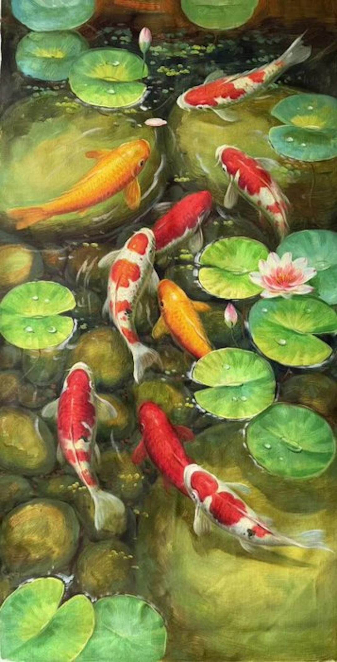 Oil painting on canvas: "Lucky Koi "《九鱼图》 - Attributed to...