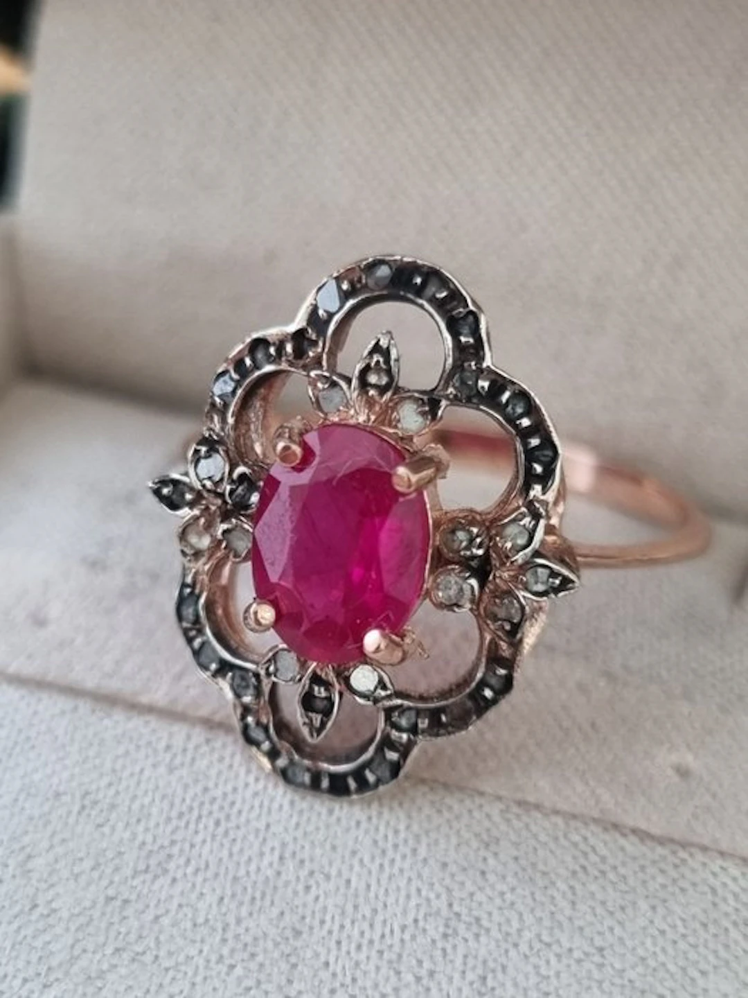 No reserve price - Ring - 9 kt. Silver, Rose gold Ruby - Diamond