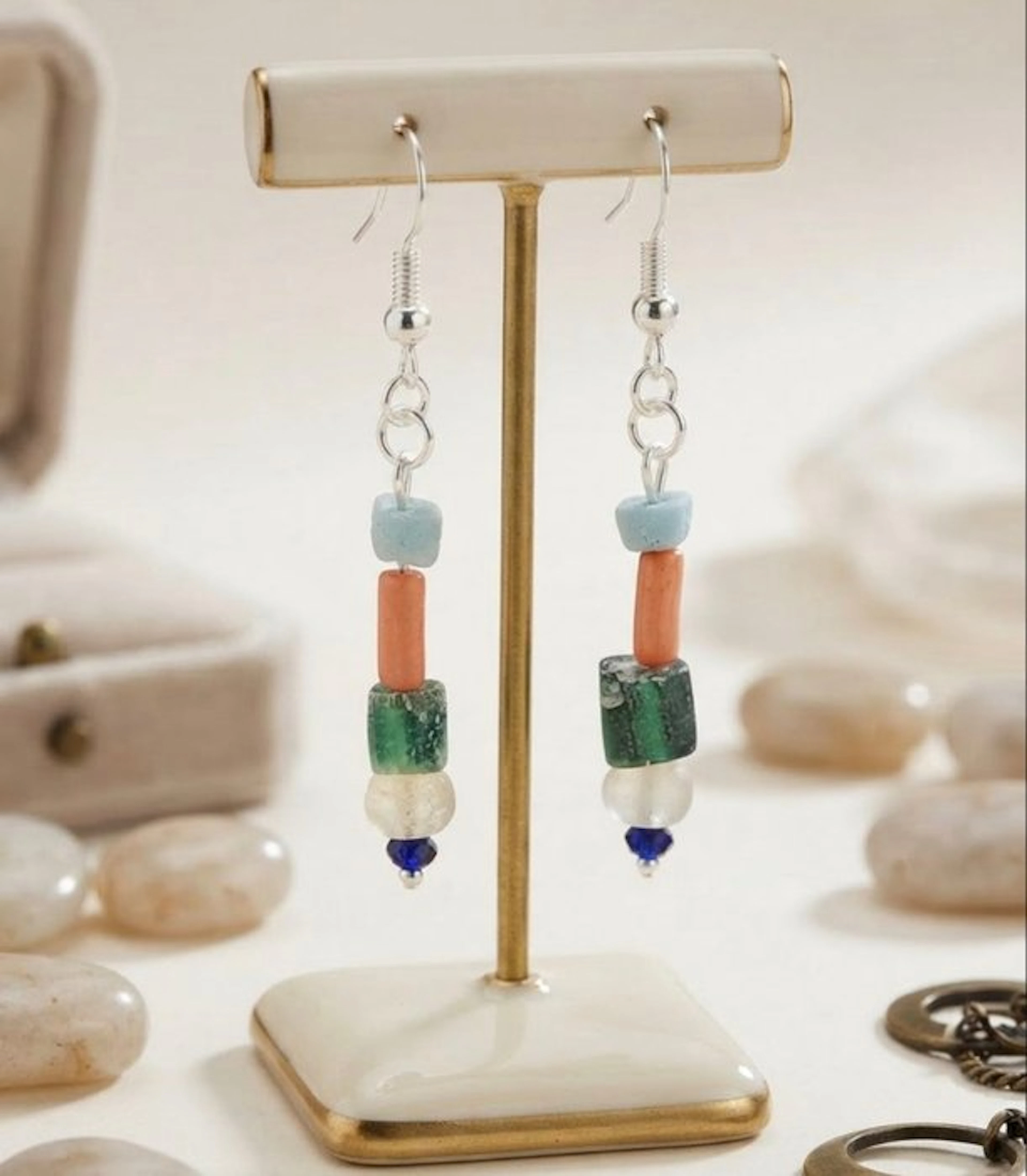 Ancient Roman Silver Drop earrings - Red coral / tinted glass (No