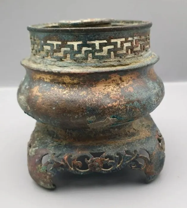 Antique Chinese Bronze Oil Lamp Base with Patina – Late...