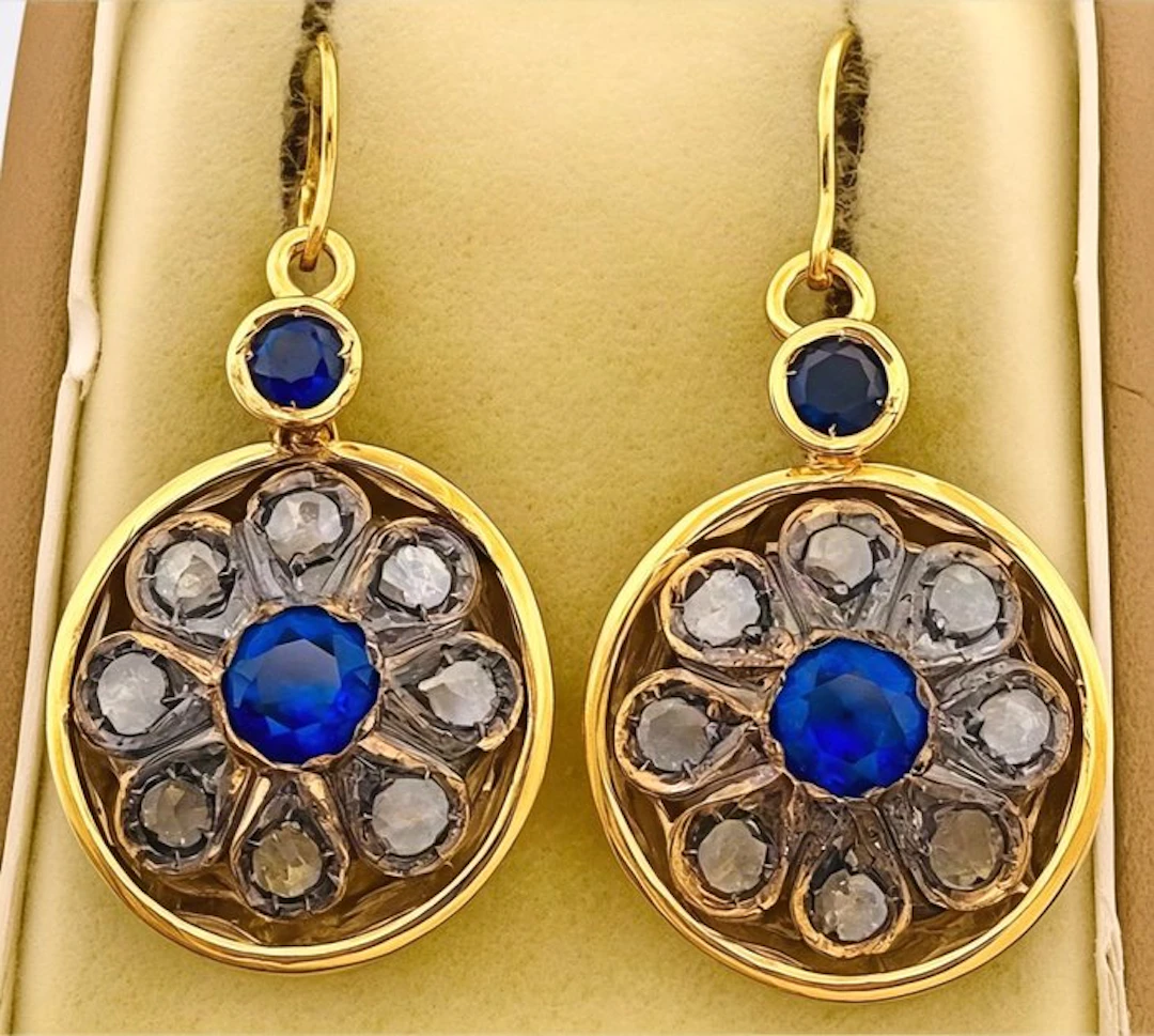 No reserve price - Earrings - 9 kt. Yellow gold, Silver Sapphire - Diamond