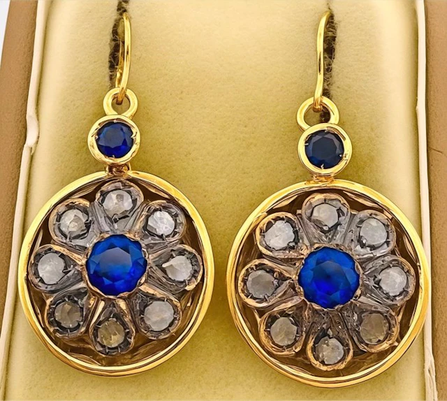 No reserve price - Earrings - 9 kt. Yellow gold, Silver Sapphire - Diamond