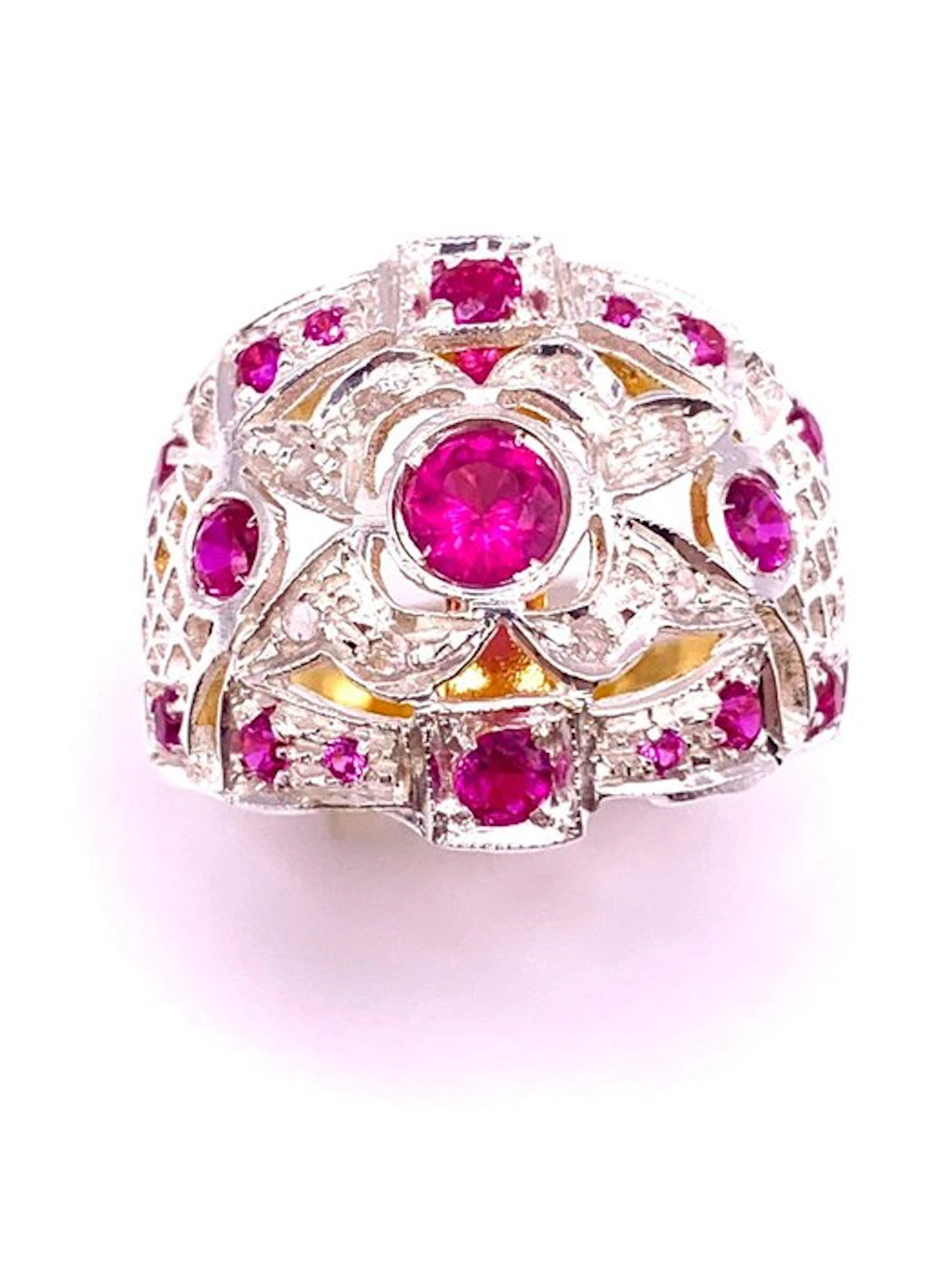 No reserve price - Ring - 9 kt. Yellow gold, Silver Ruby - Ruby - Diamonds