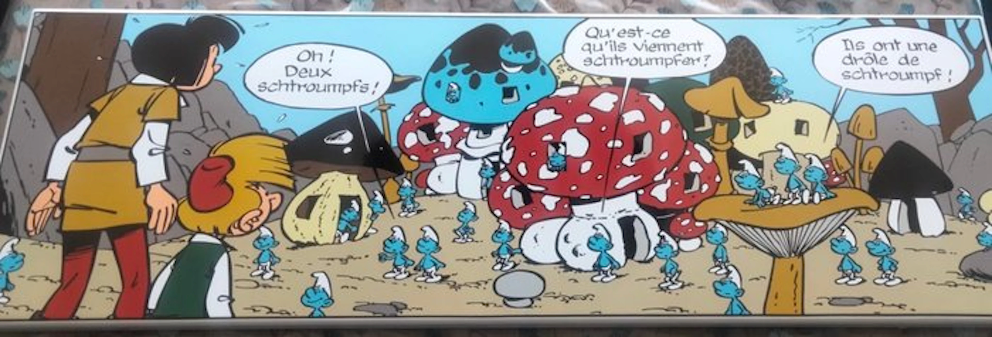 Peyo – The Smurfs, a colorful French comic scene - Enamel sign - Enamel