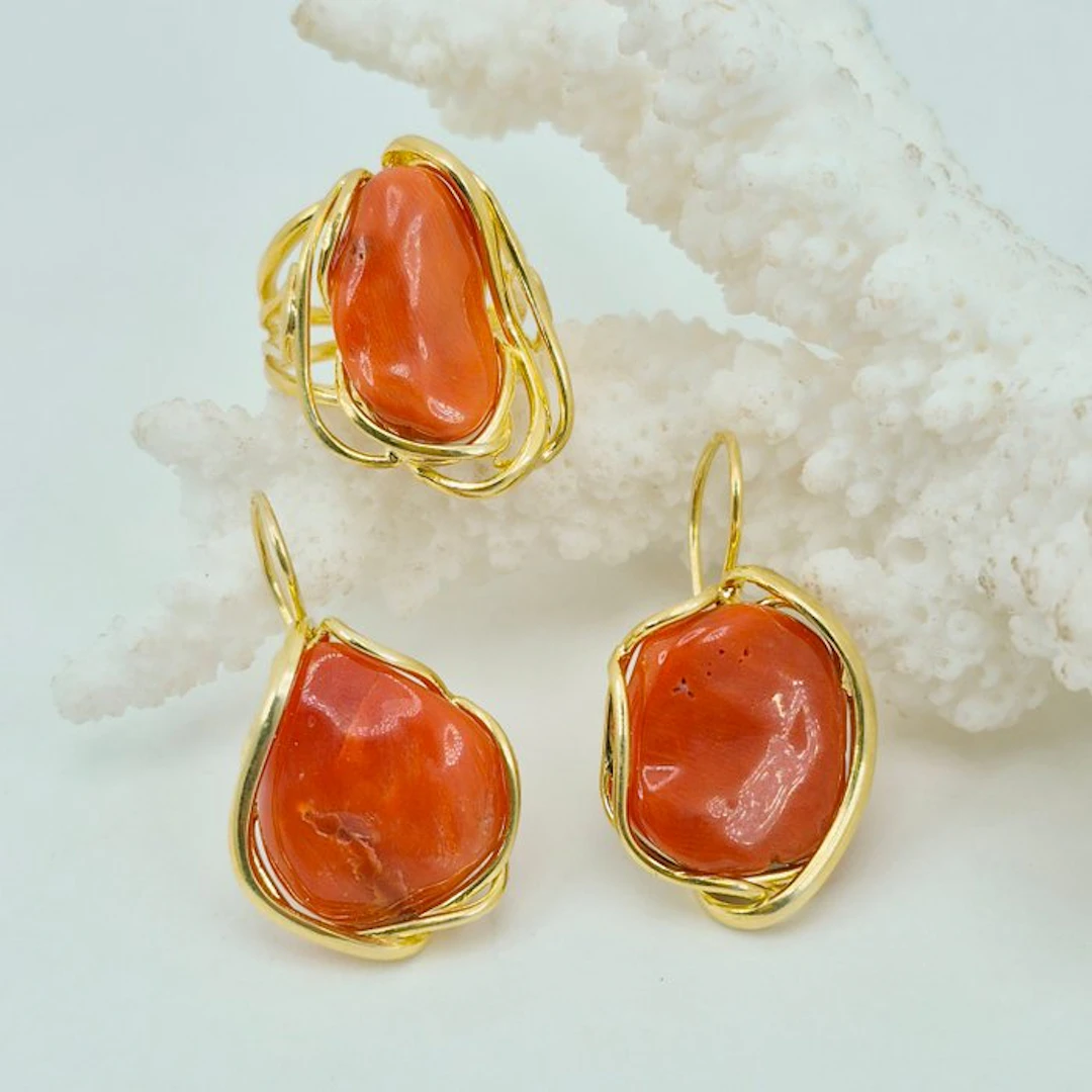 Silver, Gold-plated 2 piece jewellery set - CORALLO MEDITERRANEO